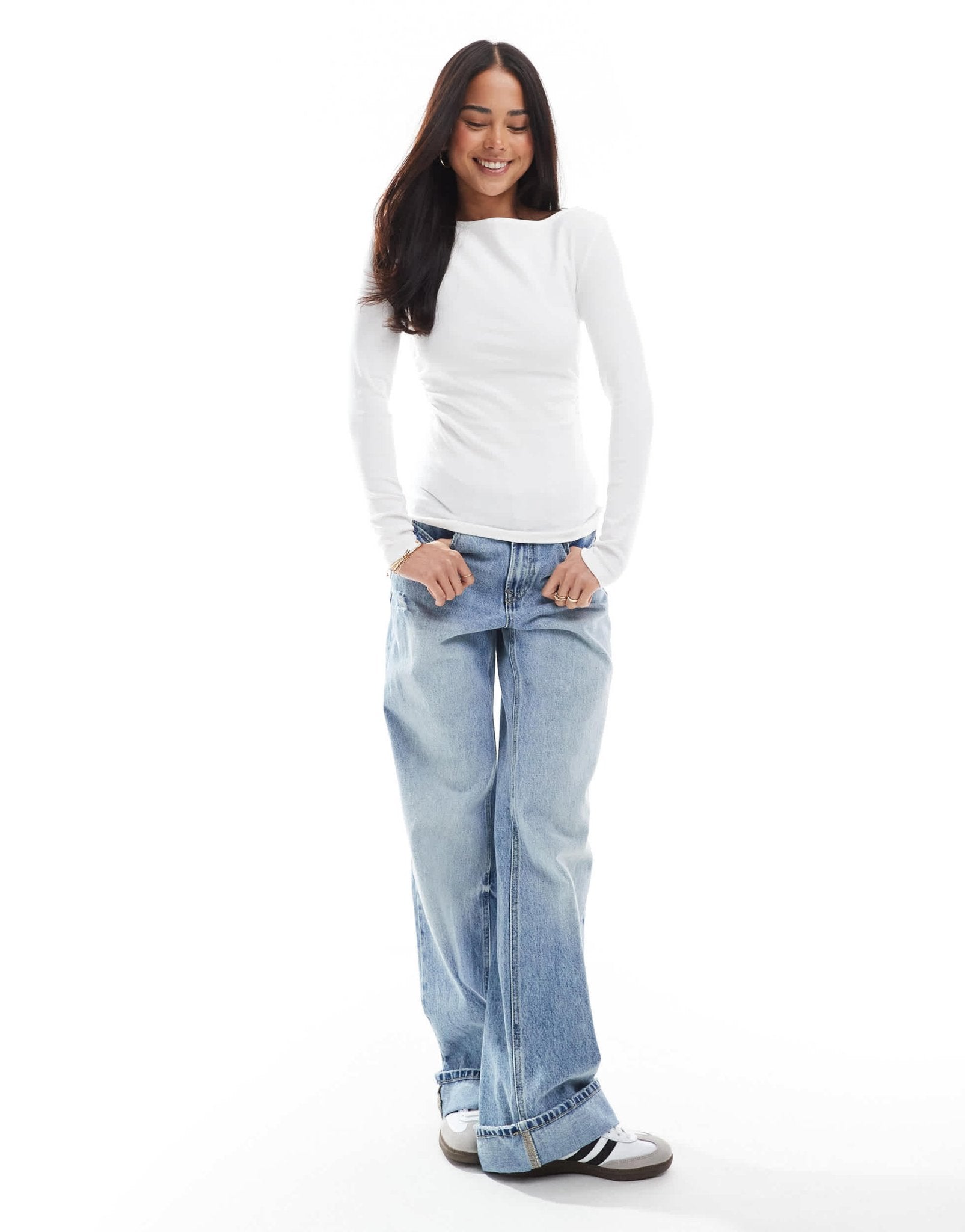 Stradivarius ruched slash neck top in white - ASOS Sample Sale