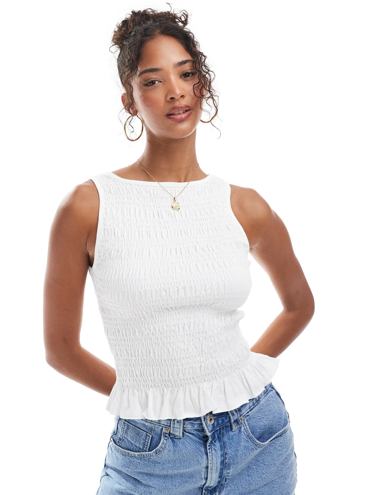 Stradivarius ruched tiered detail top in white - ASOS Sample Sale