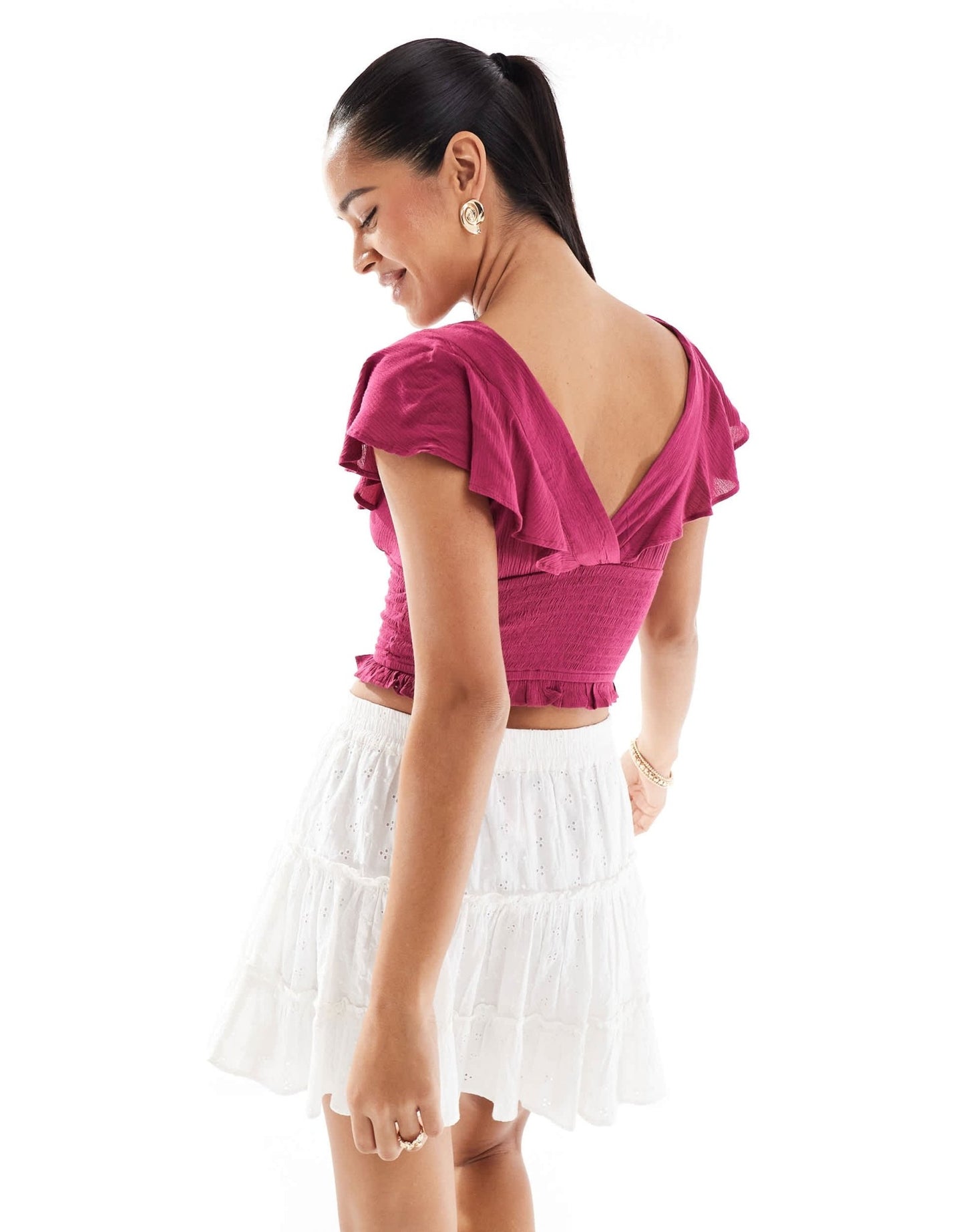 Stradivarius ruffle detail v neck top in raspberry - ASOS Sample Sale