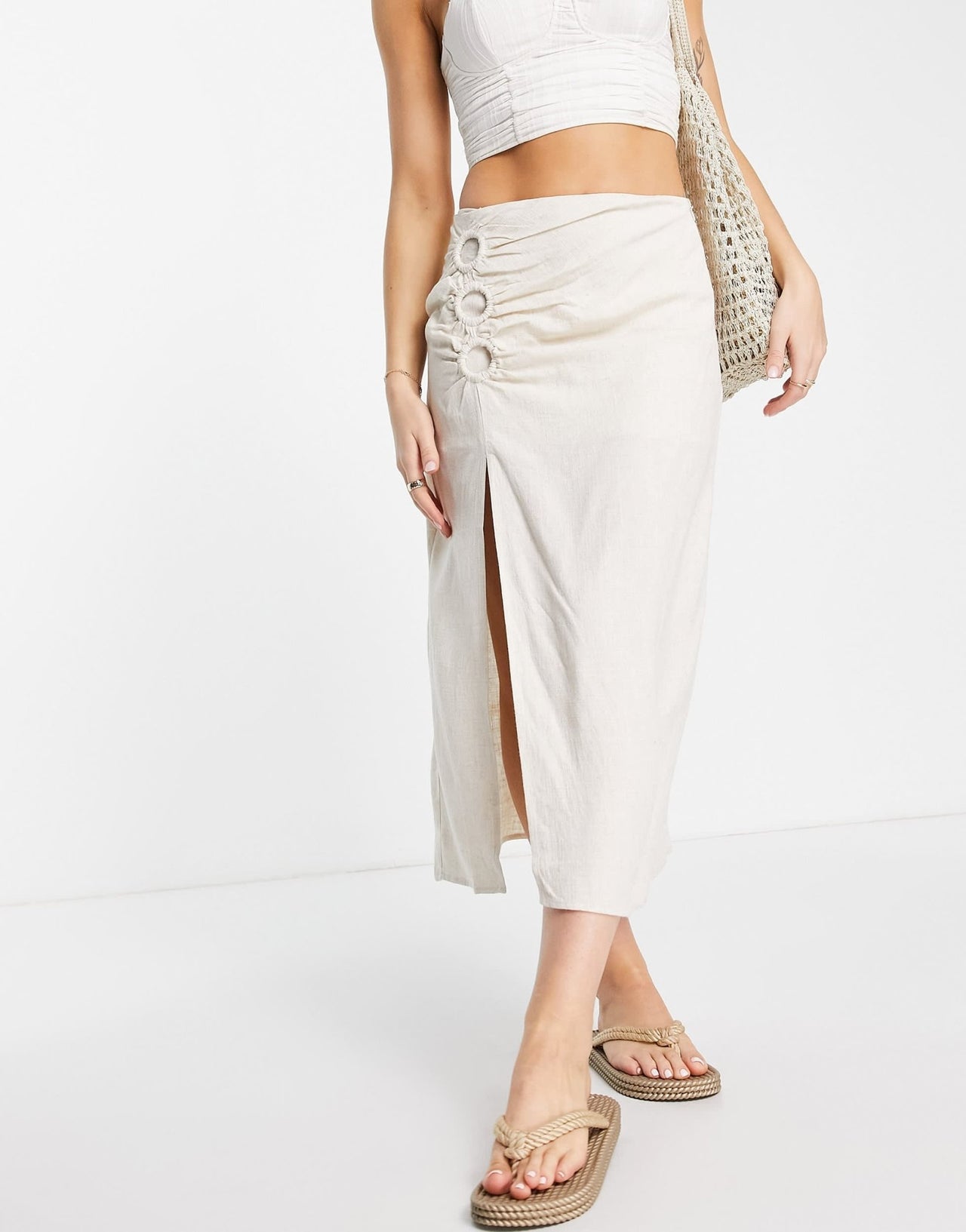 Stradivarius rustic midi skirt with ring detail in natural - ASOS Sample Sale
