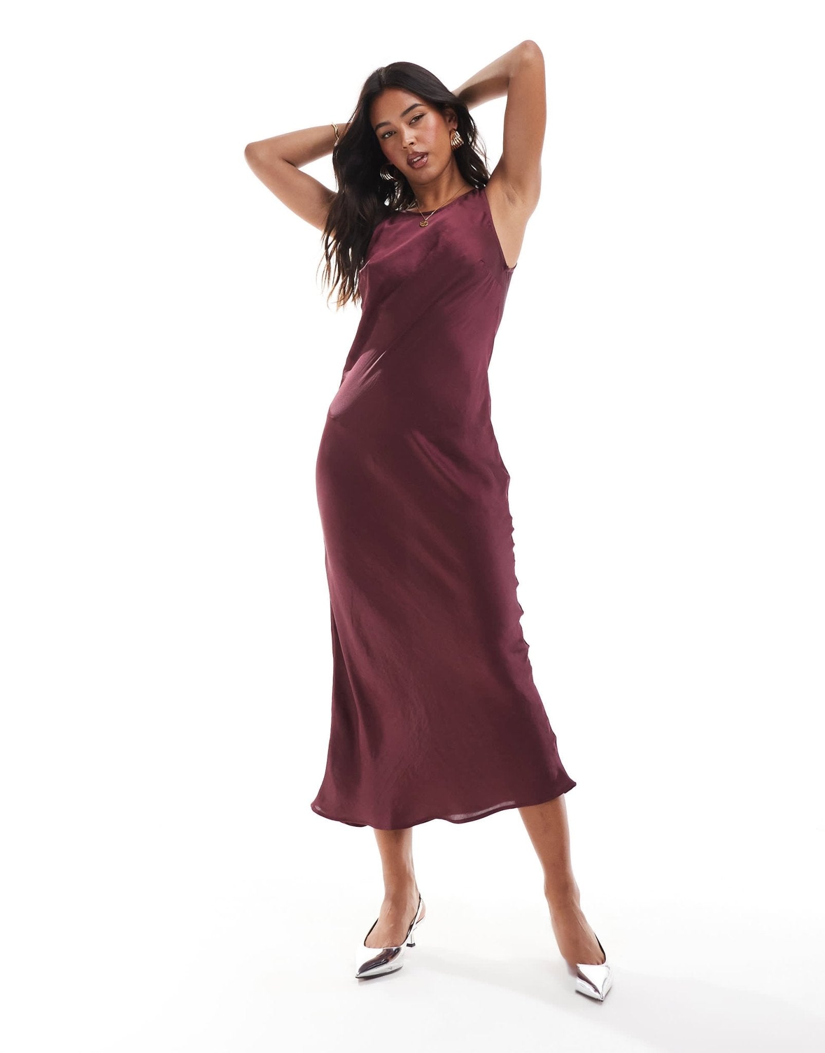 Stradivarius satin midi dress in burgundy - ASOS Sample Sale