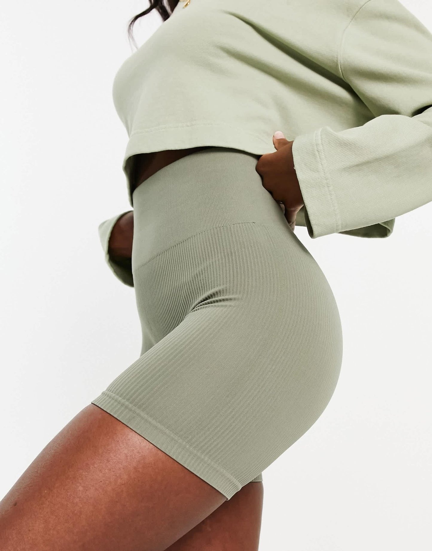Stradivarius seamless rib short in olive - ASOS Sample Sale