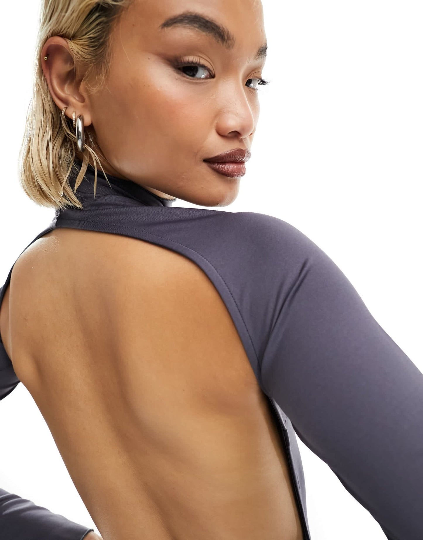 Stradivarius second skin maxi dress with open back in charcoal - ASOS Sample Sale