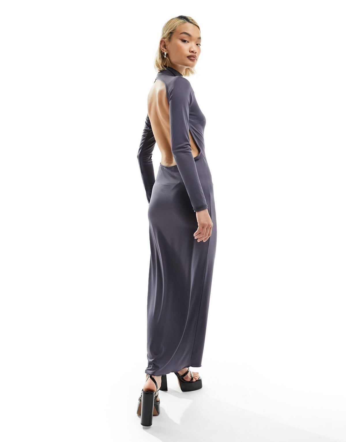 Stradivarius second skin maxi dress with open back in charcoal - ASOS Sample Sale