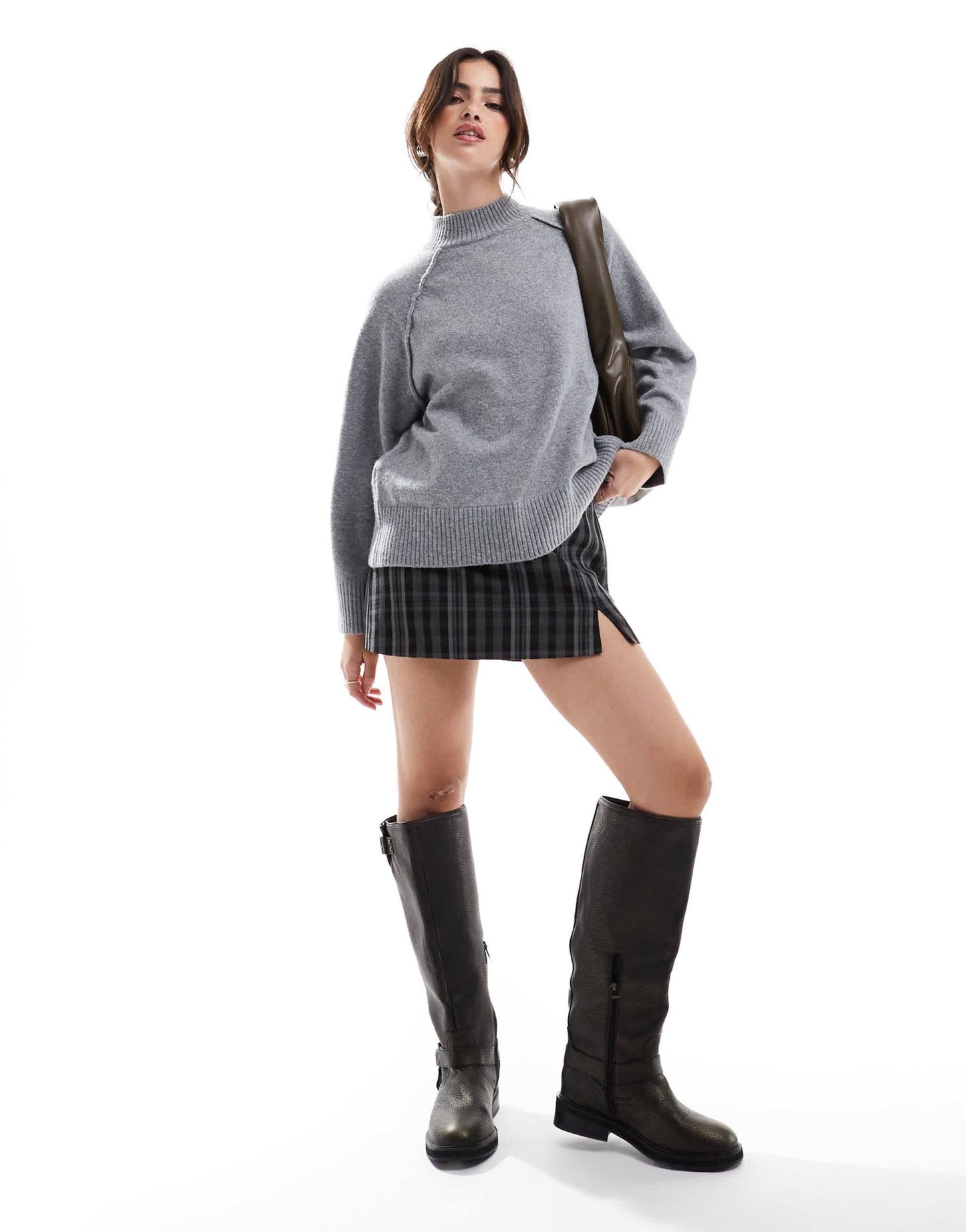Stradivarius skort with split hem in grey check - ASOS Sample Sale