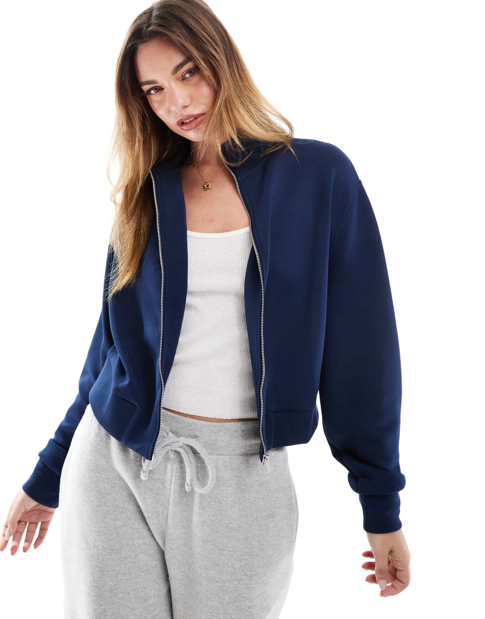 Stradivarius soft touch bomber in navy - ASOS Sample Sale
