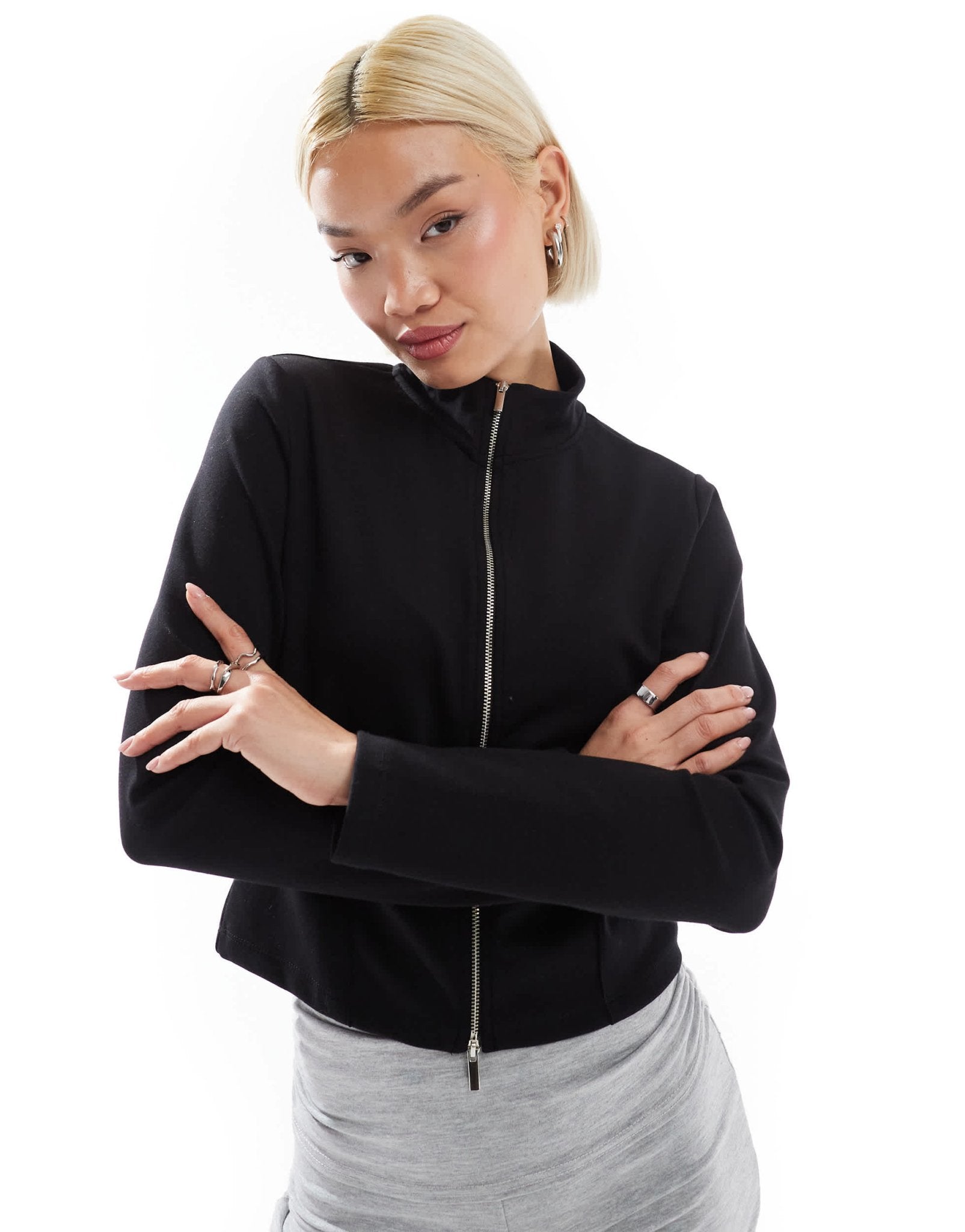 Stradivarius soft touch zip through track jacket in black - ASOS Sample Sale