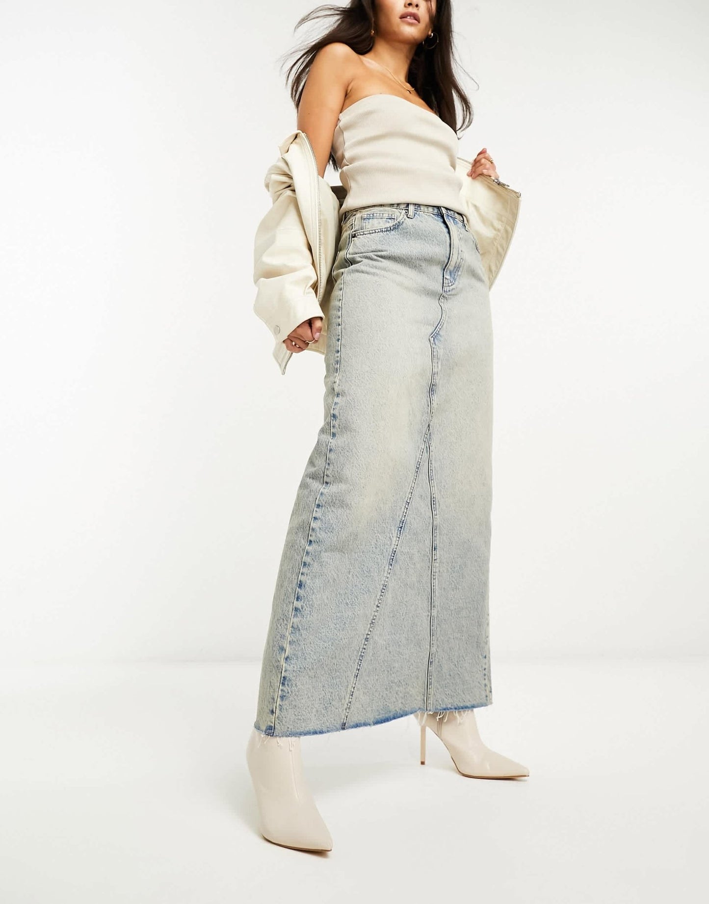 Stradivarius spliced denim maxi skirt in vintage wash - ASOS Sample Sale