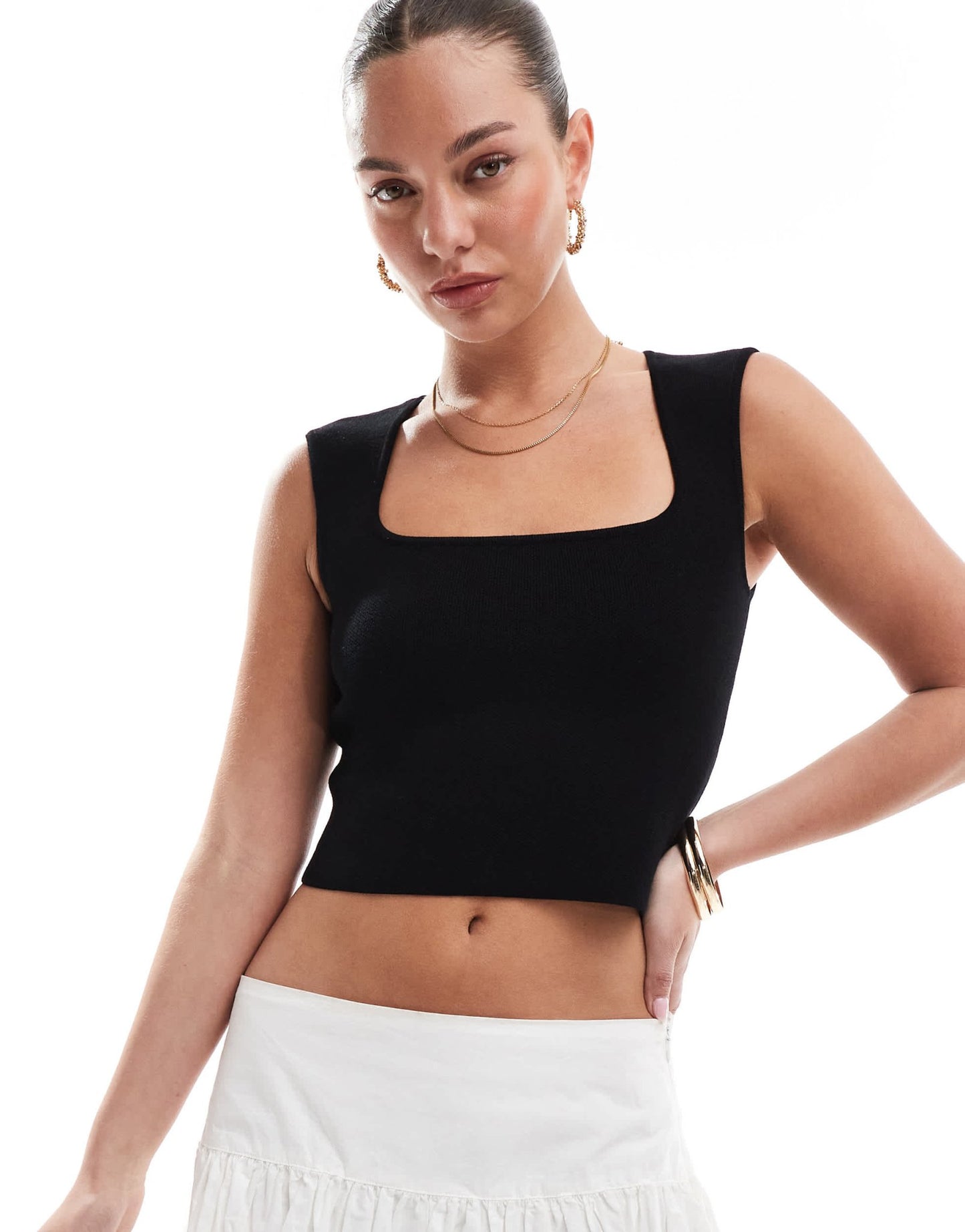 Stradivarius square neck knit crop top in black - ASOS Sample Sale