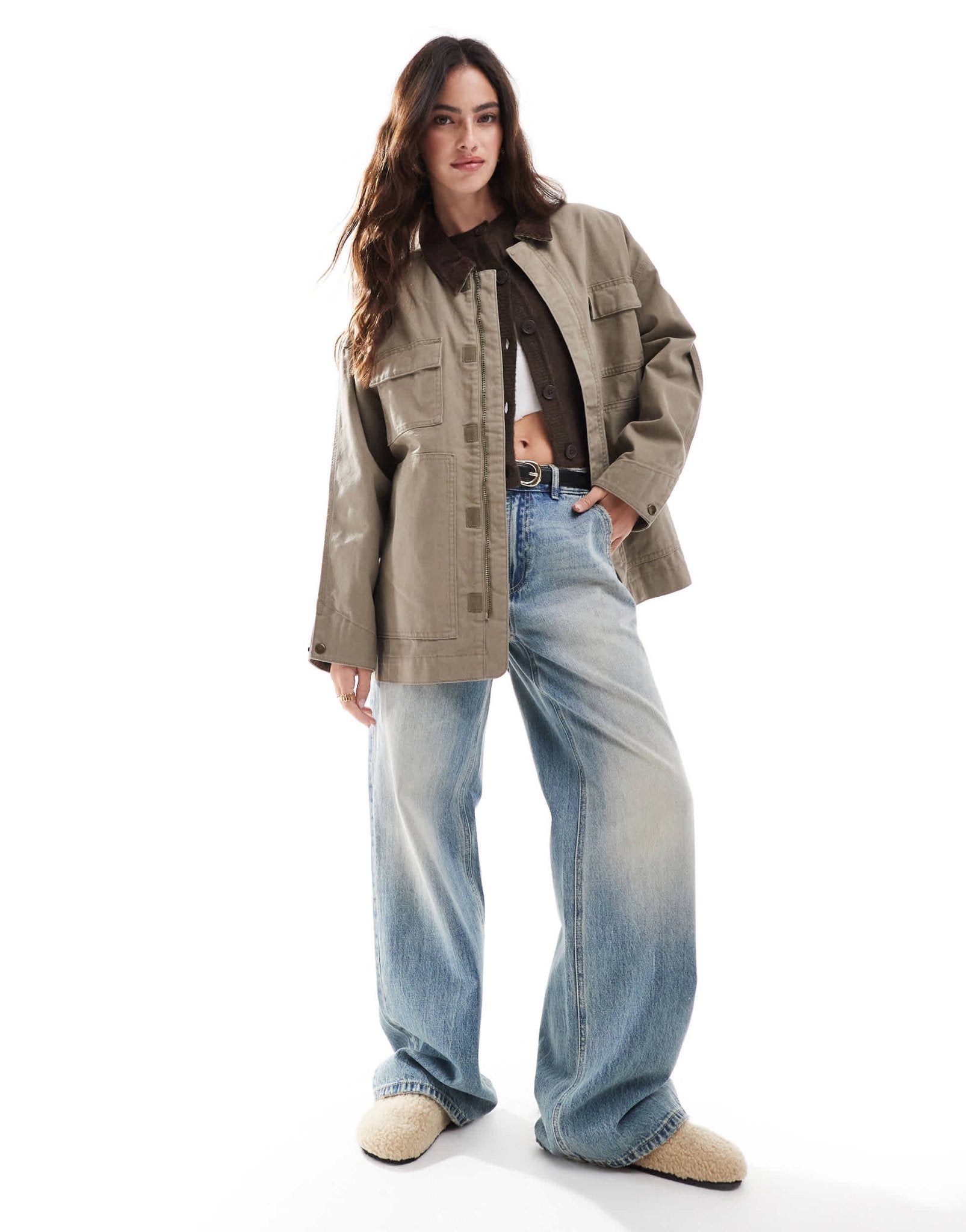 Stradivarius STR barn jacket with corduroy collar detail in khaki - ASOS Sample Sale