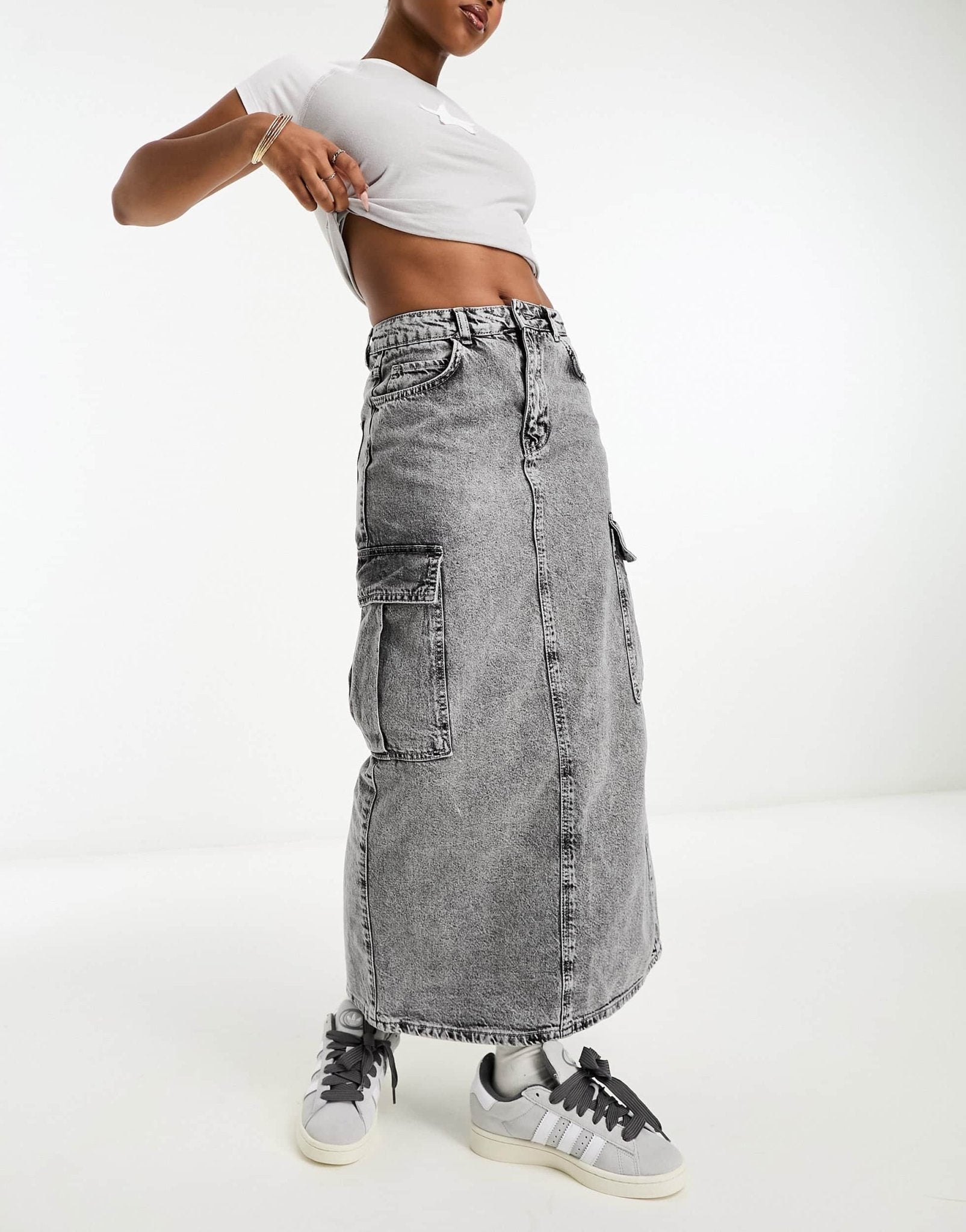 Stradivarius STR denim cargo maxi skirt in washed grey - ASOS Sample Sale