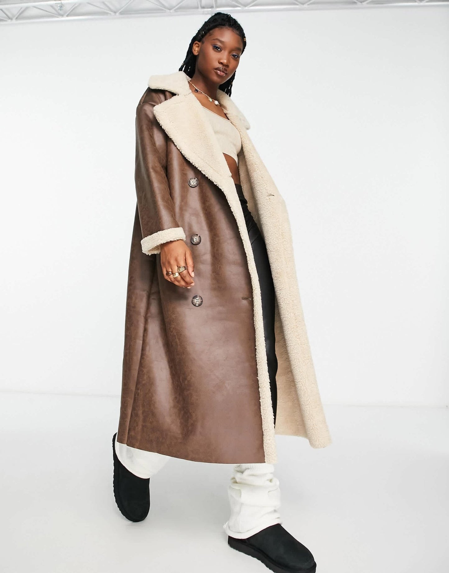 Stradivarius STR maxi faux leather aviator coat with contrast borg lining in brown - ASOS Sample Sale