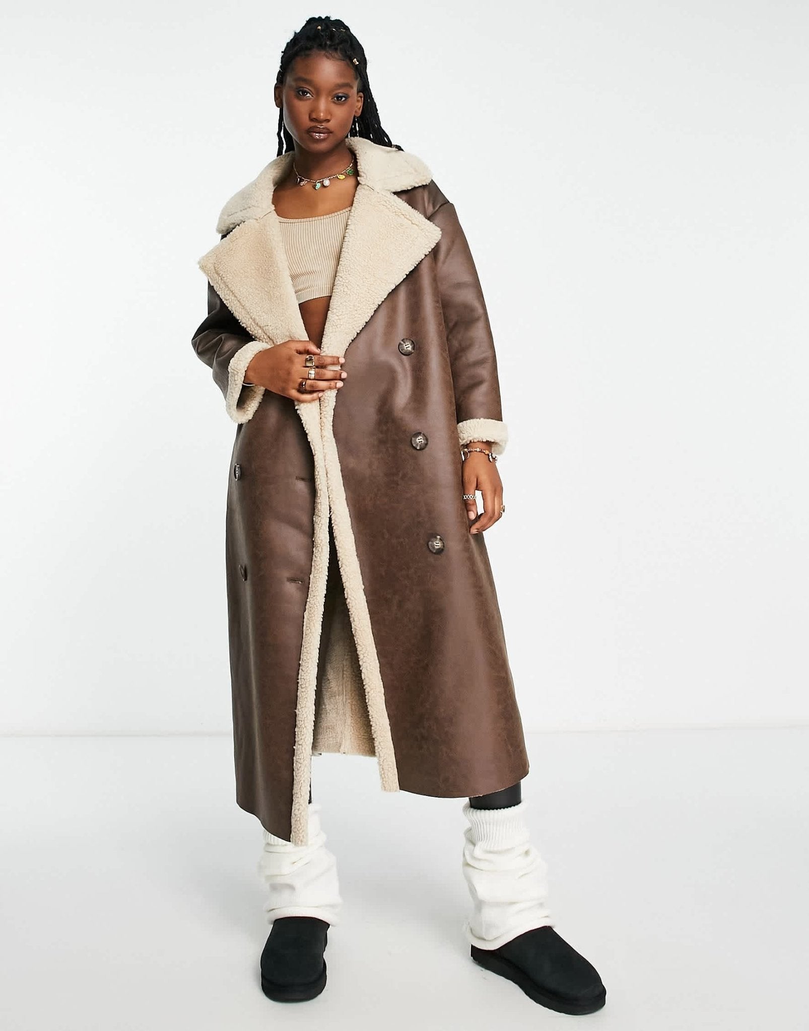 Stradivarius STR maxi faux leather aviator coat with contrast borg lining in brown - ASOS Sample Sale