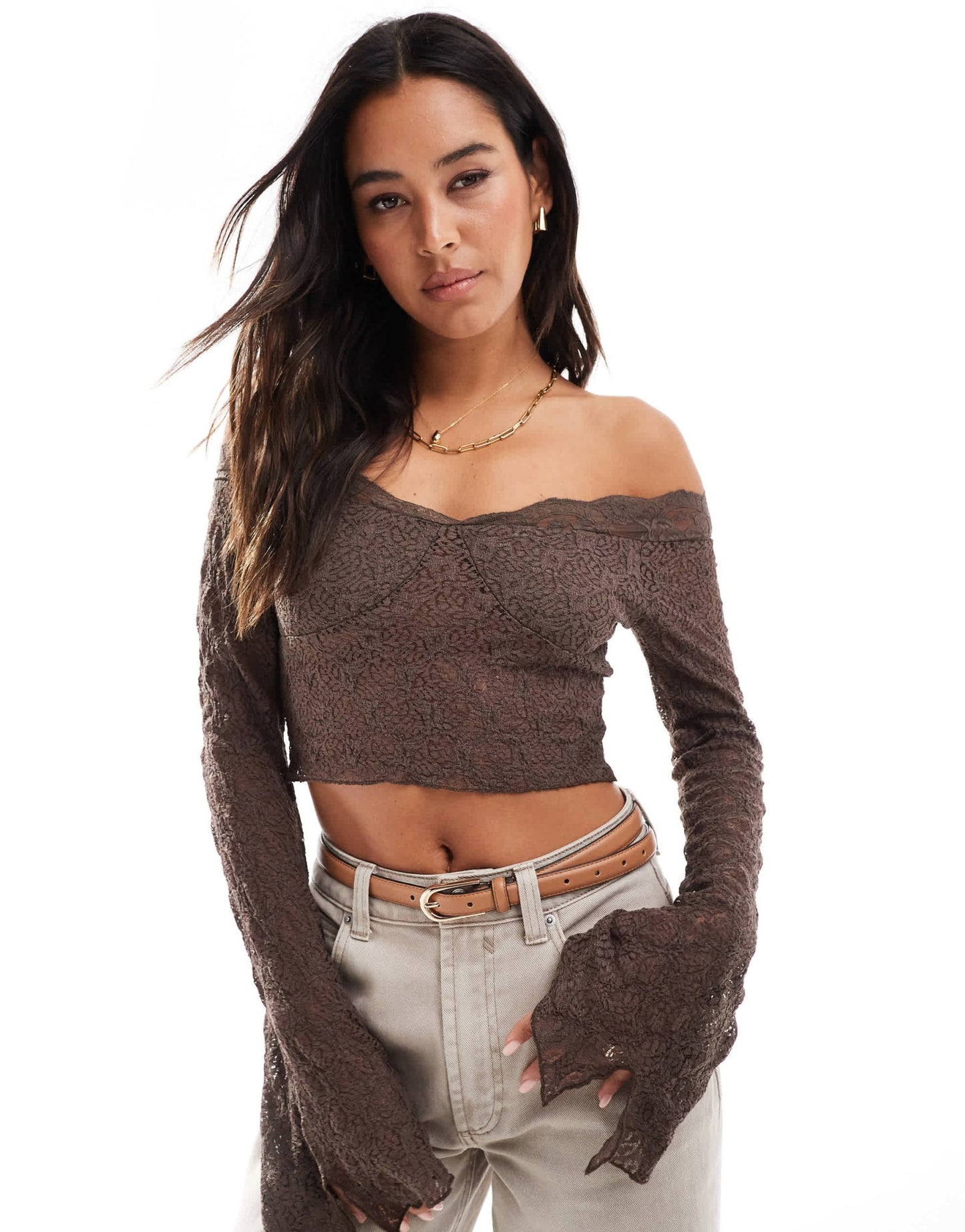 Stradivarius STR off shoulder lace detail top in brown - ASOS Sample Sale