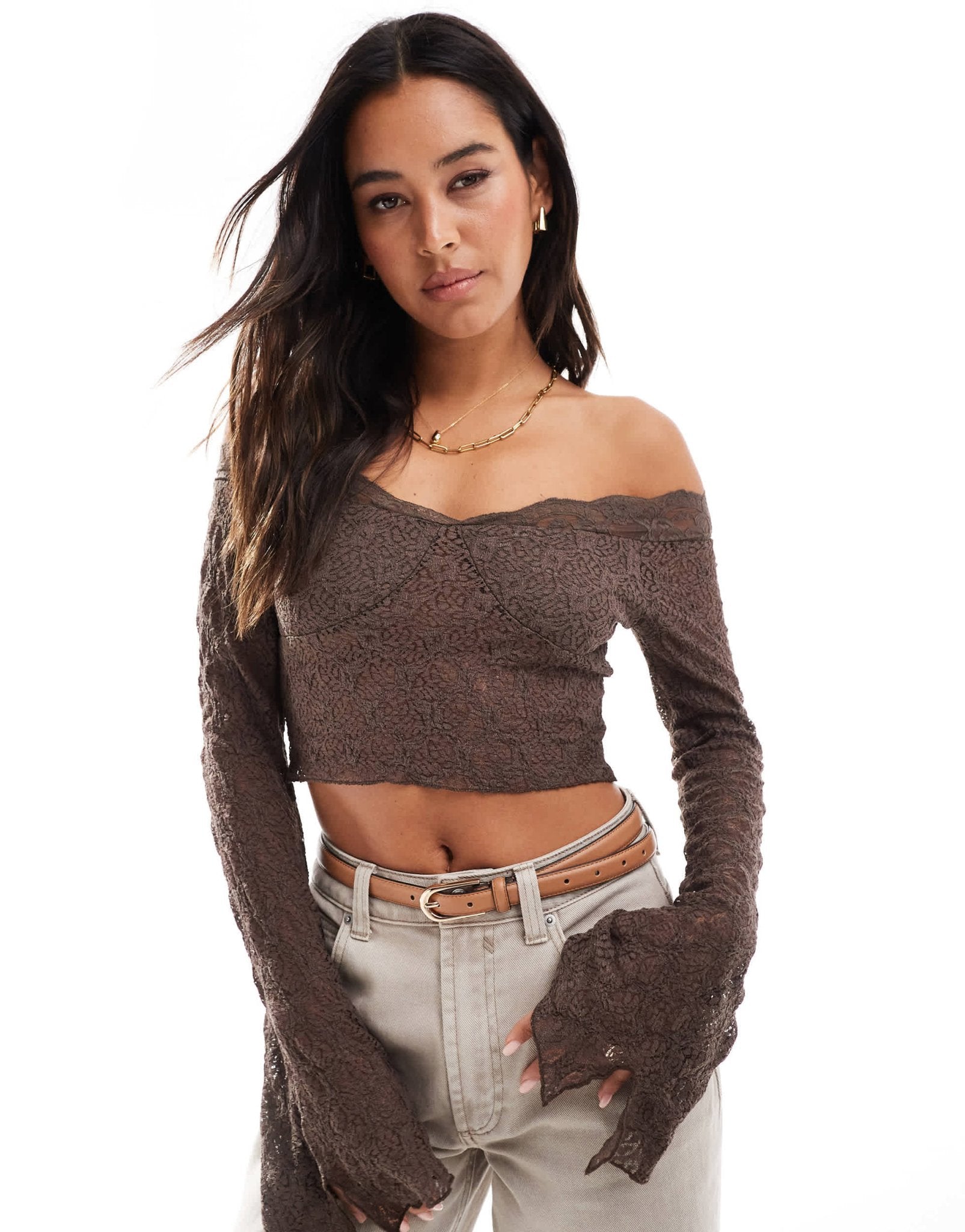 Stradivarius STR off shoulder lace detail top in brown - ASOS Sample Sale