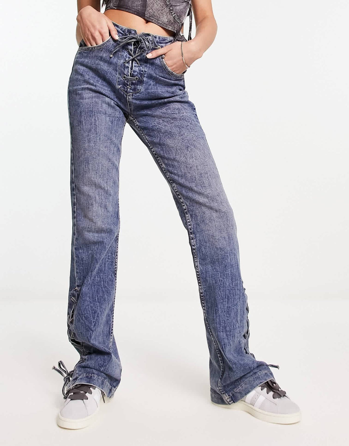 Stradivarius STR straight flare jean with lace up detail in dark wash blue - ASOS Sample Sale