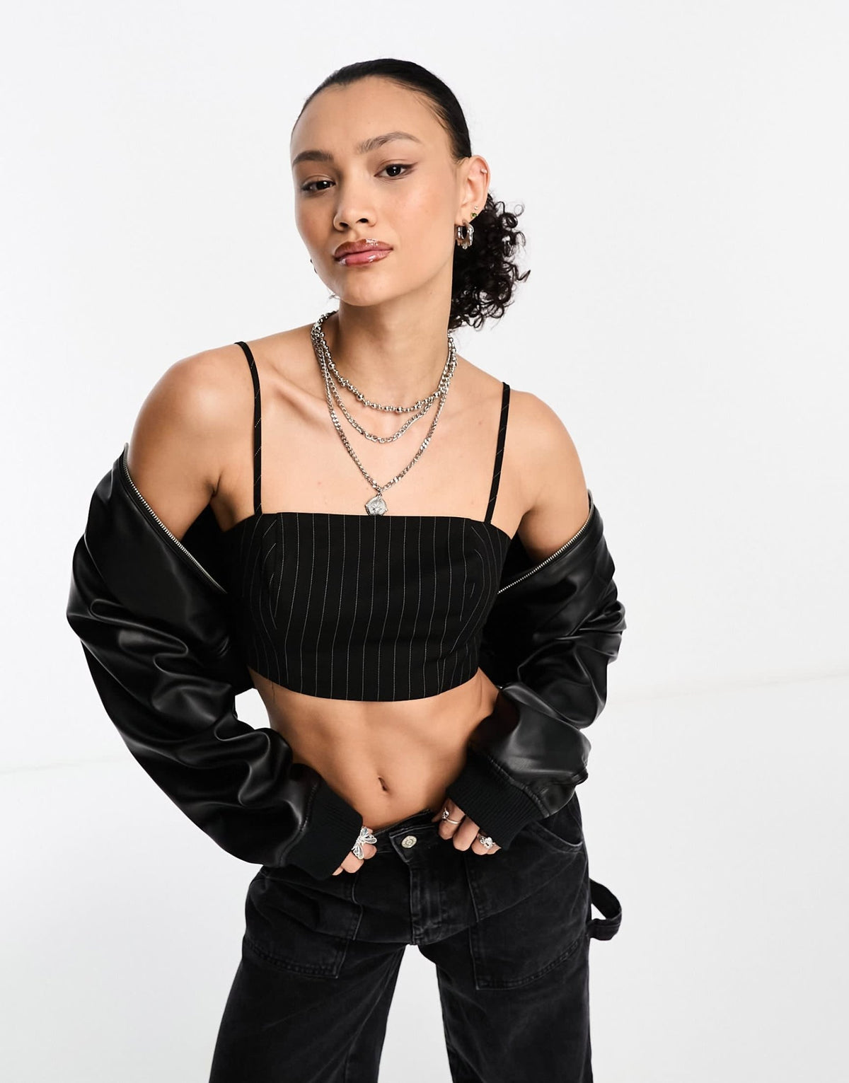 Stradivarius STR tailored cami top in black pinstripe - ASOS Sample Sale