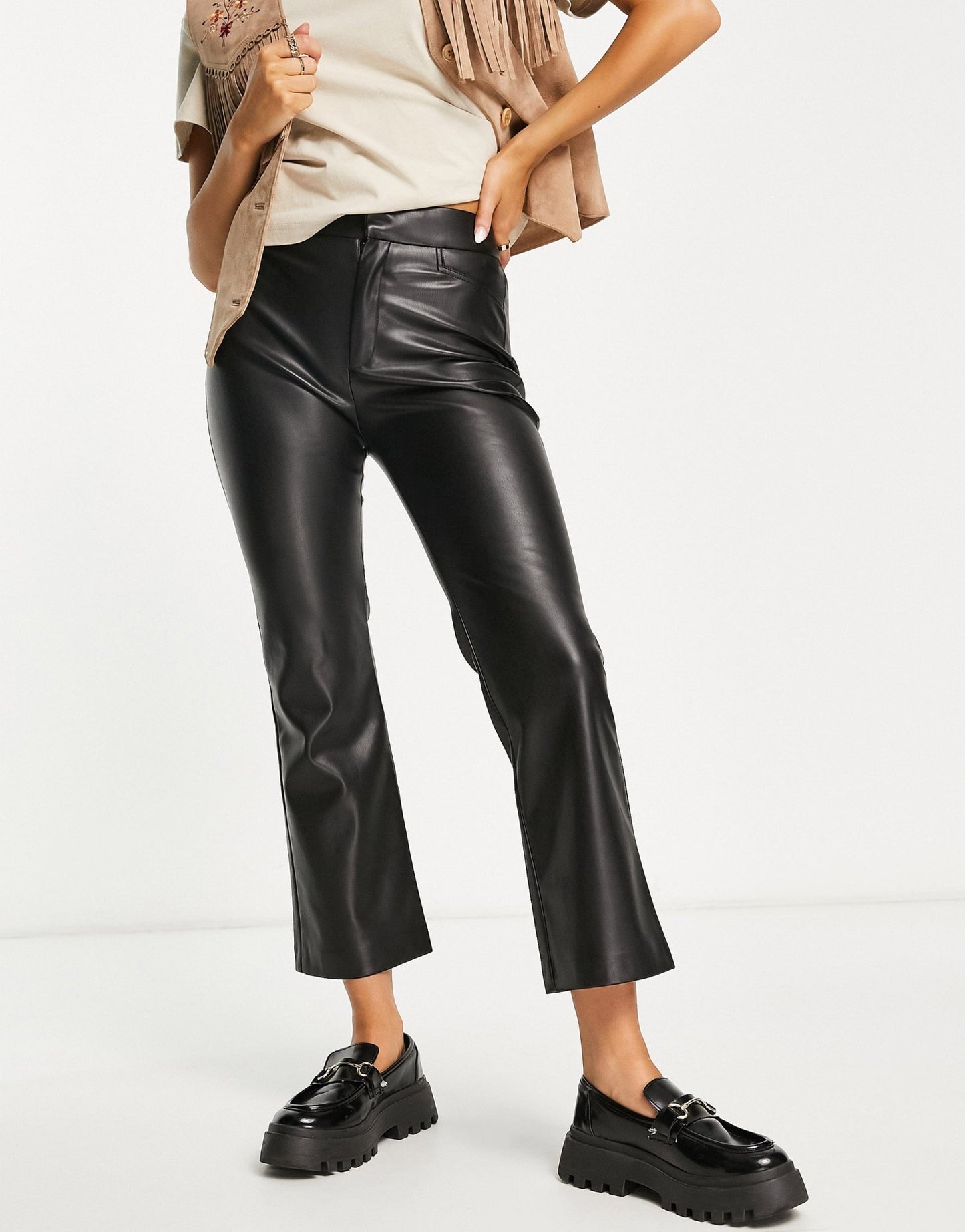 Stradivarius straight leg faux leather trouser in black - ASOS Sample Sale