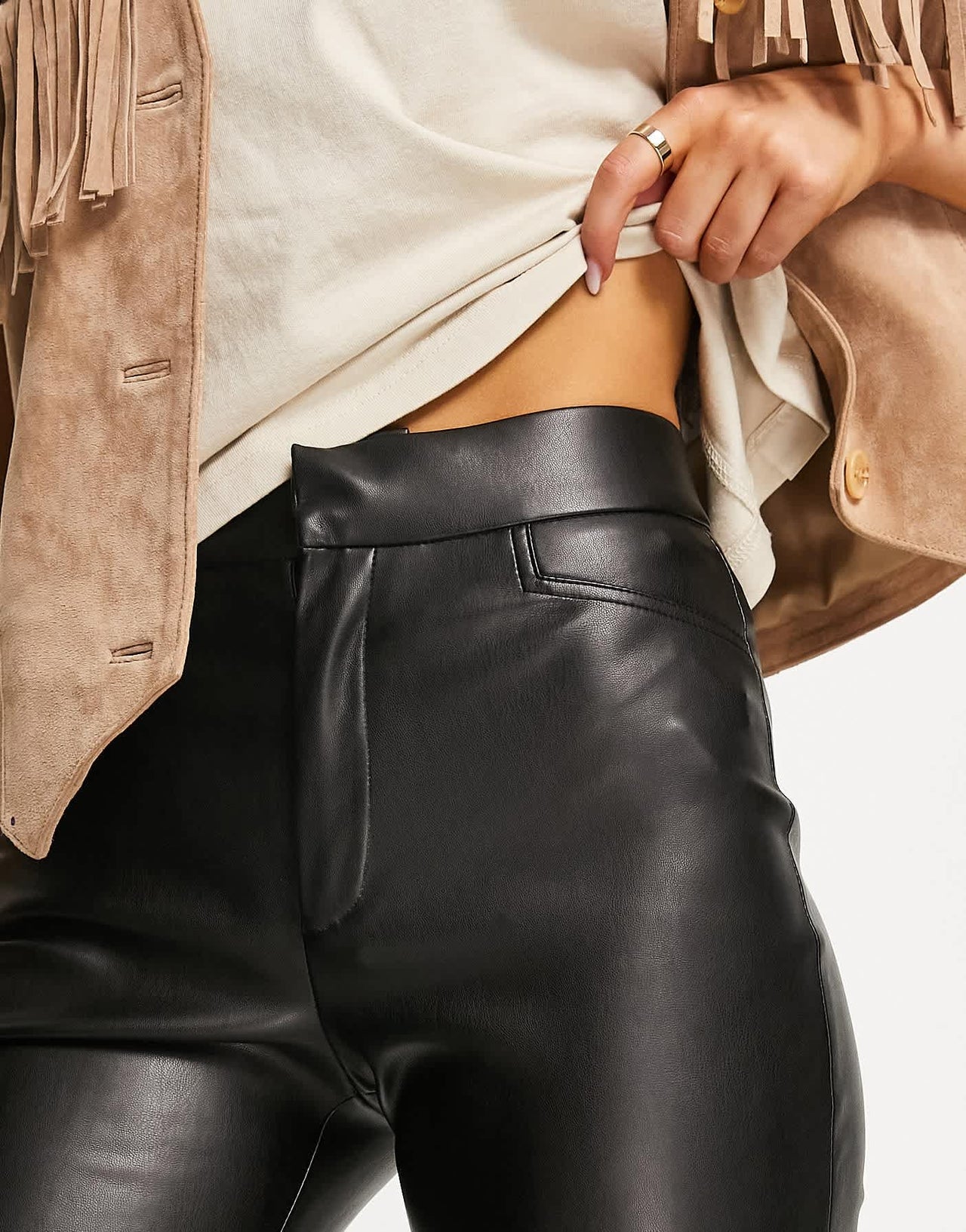 Stradivarius straight leg faux leather trouser in black - ASOS Sample Sale