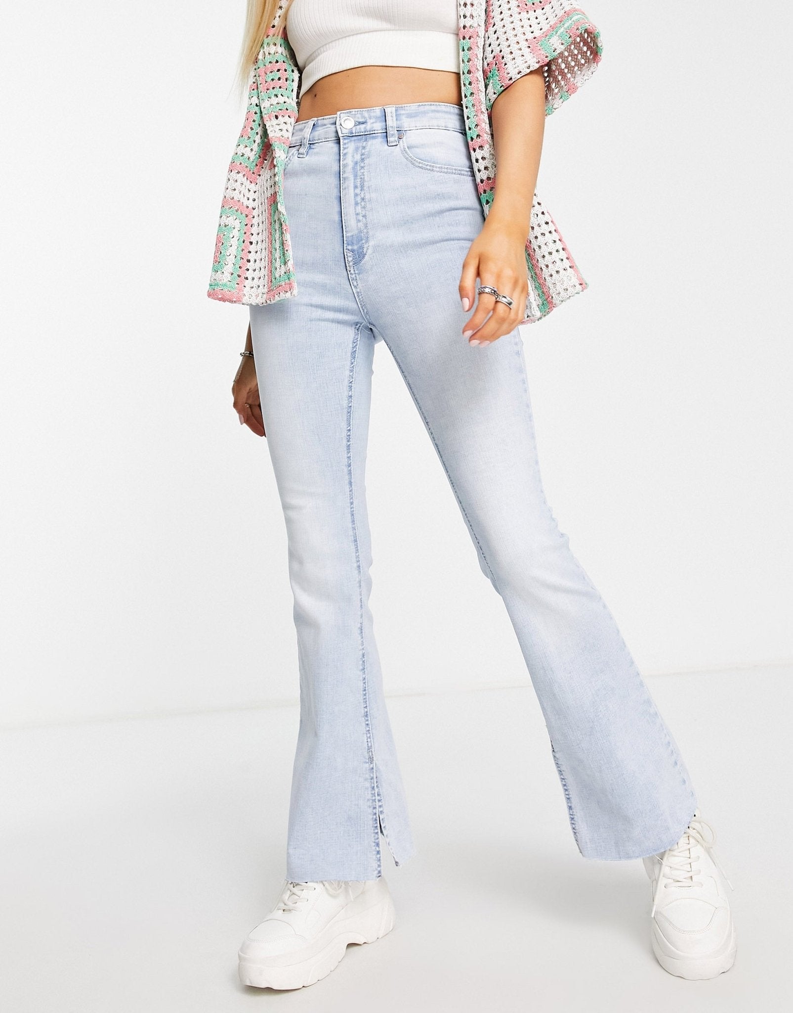 Stradivarius stretch flare jean with split detail in medium blue - ASOS Sample Sale