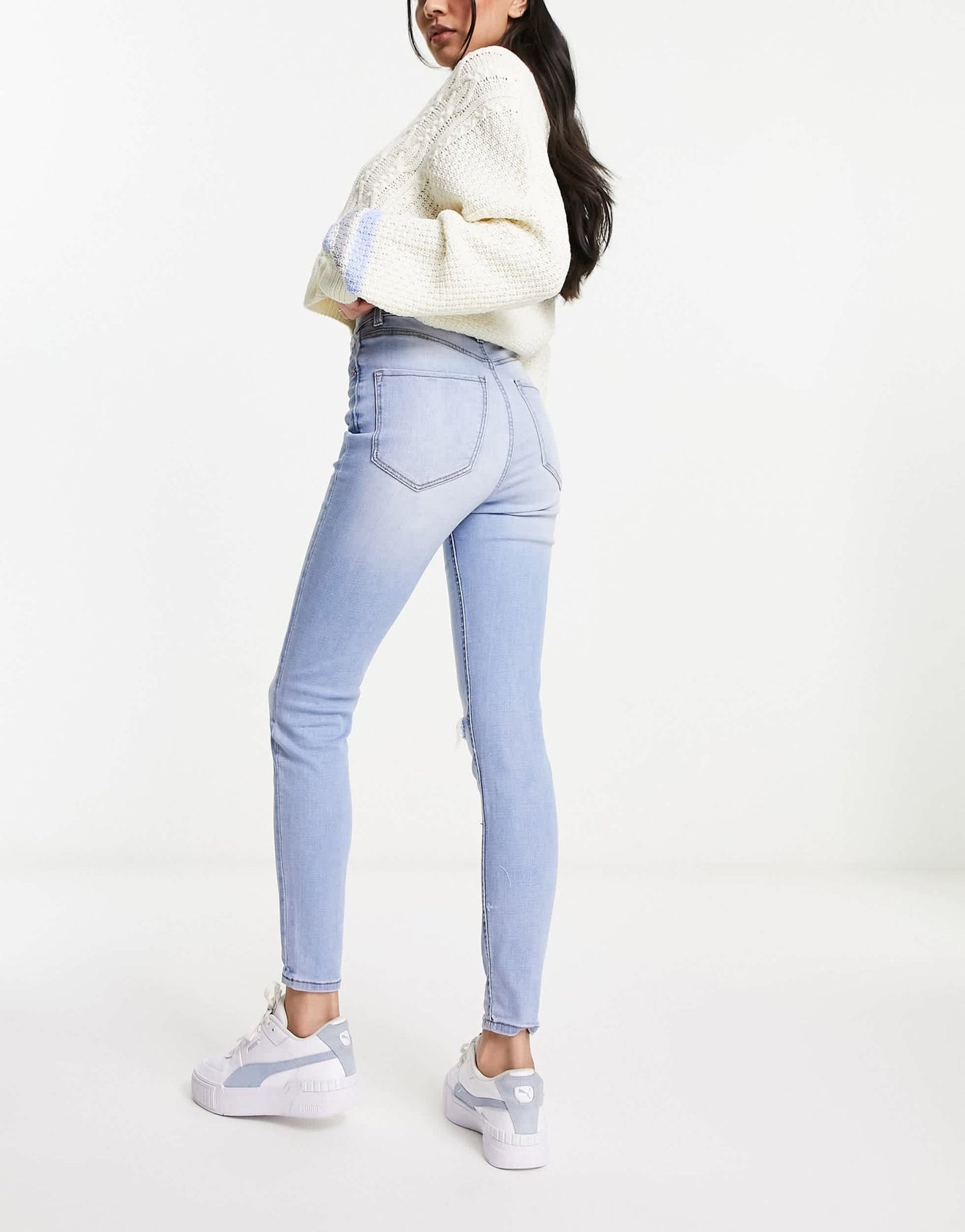 Stradivarius super high waist skinny jean with rip in light blue - ASOS Sample Sale