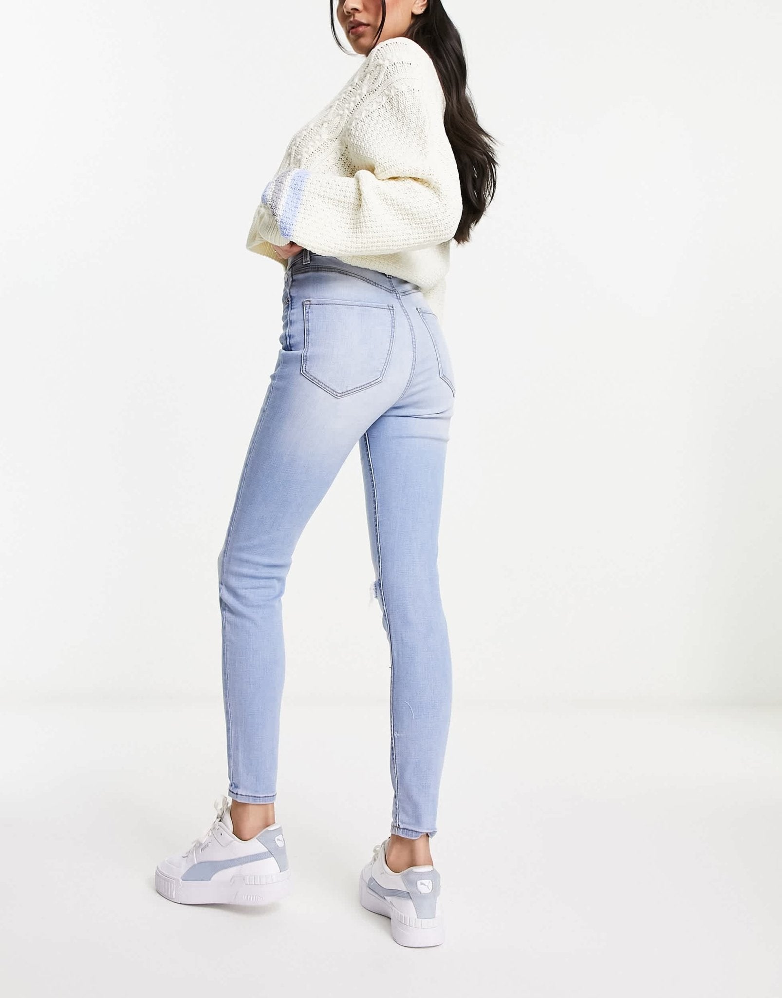 Stradivarius super high waist skinny jean with rip in light blue - ASOS Sample Sale