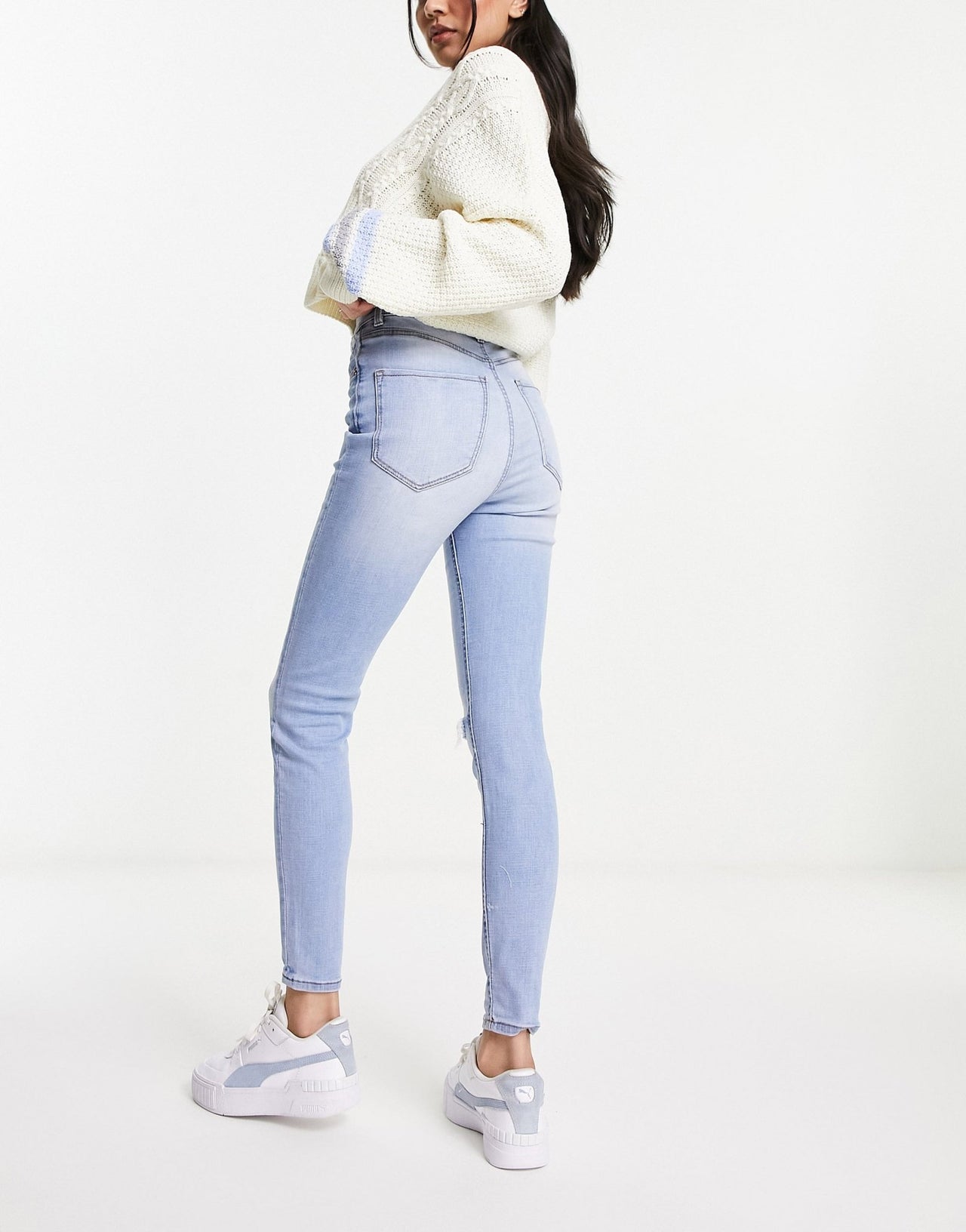 Stradivarius super high waist skinny jean with rip in light blue - ASOS Sample Sale