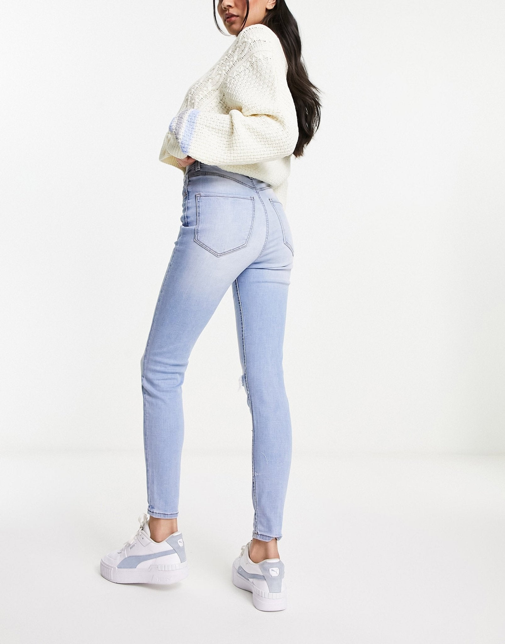 Stradivarius super high waist skinny jean with rip in light blue - ASOS Sample Sale
