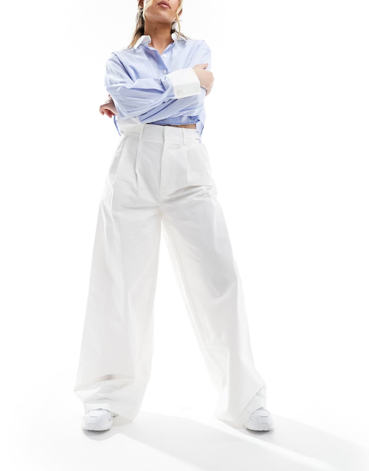 Stradivarius tailored cotton super wide leg trousers in white - ASOS Sample Sale