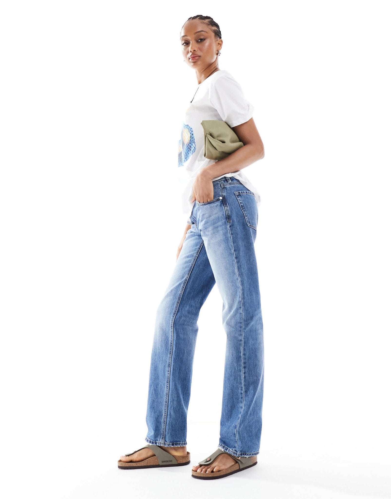 Stradivarius Tall D03 low waisted straight leg jean in mid blue wash - ASOS Sample Sale