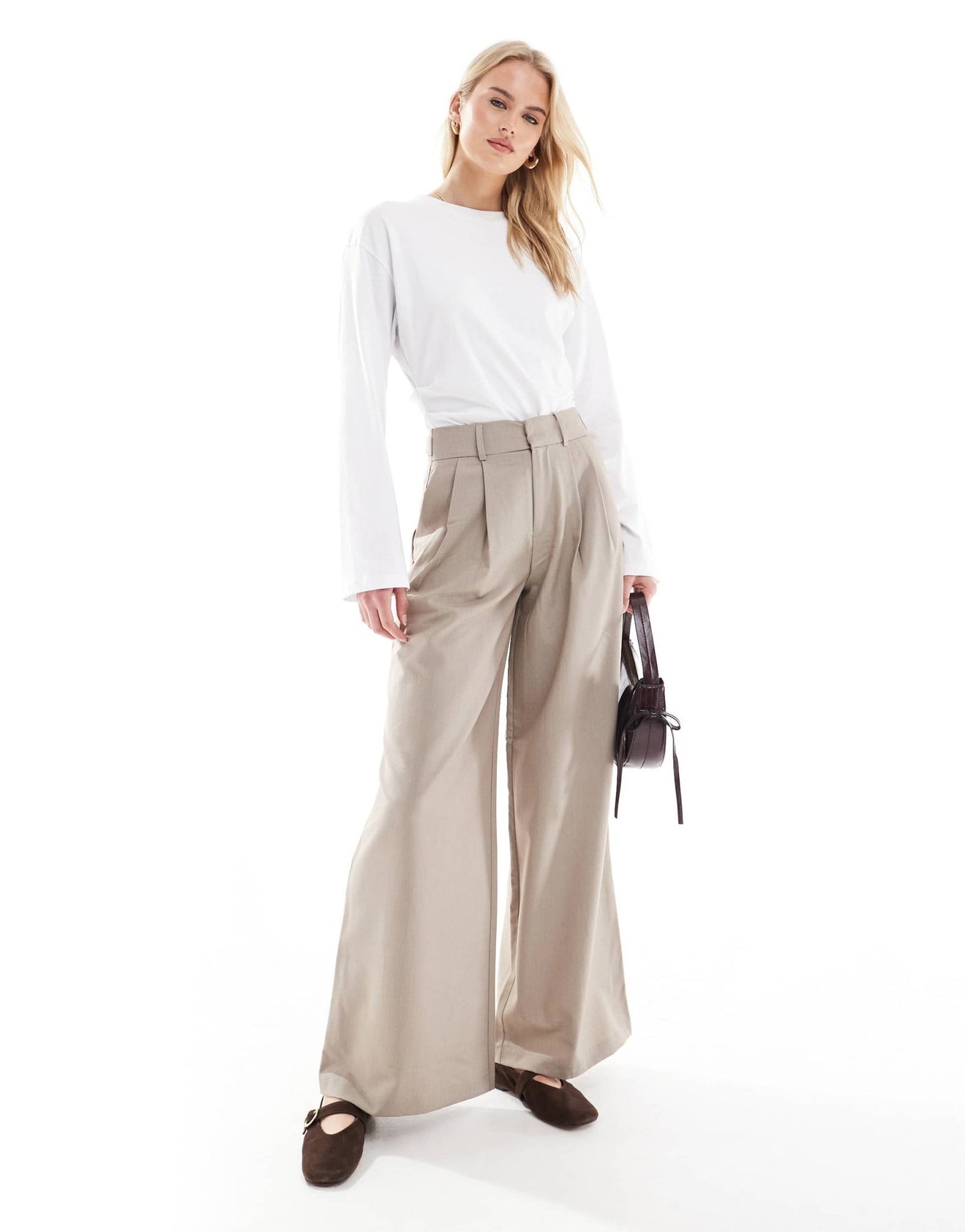 Stradivarius Tall pleated wide leg trousers in taupe - ASOS Sample Sale