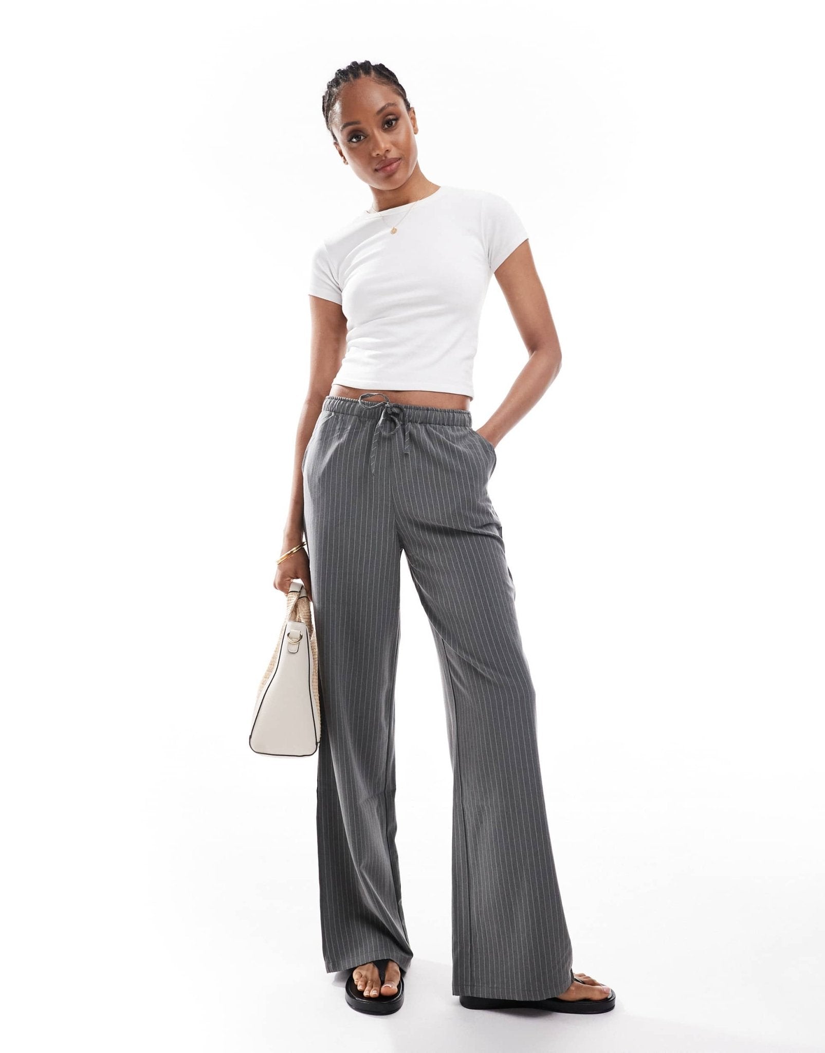 Stradivarius Tall pull on trouser in grey pinstripe - ASOS Sample Sale