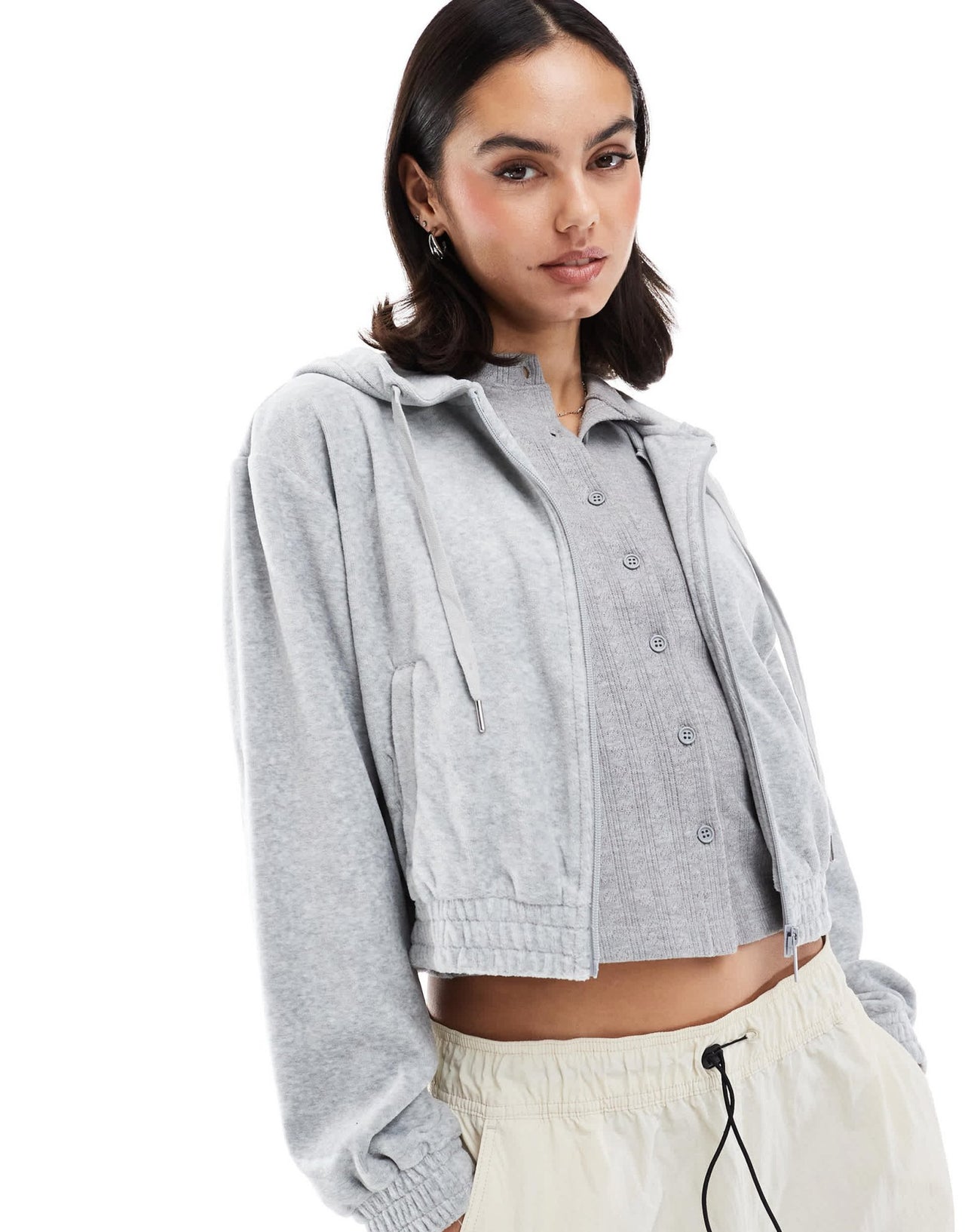 Stradivarius velor zipper jacket in light grey - ASOS Sample Sale