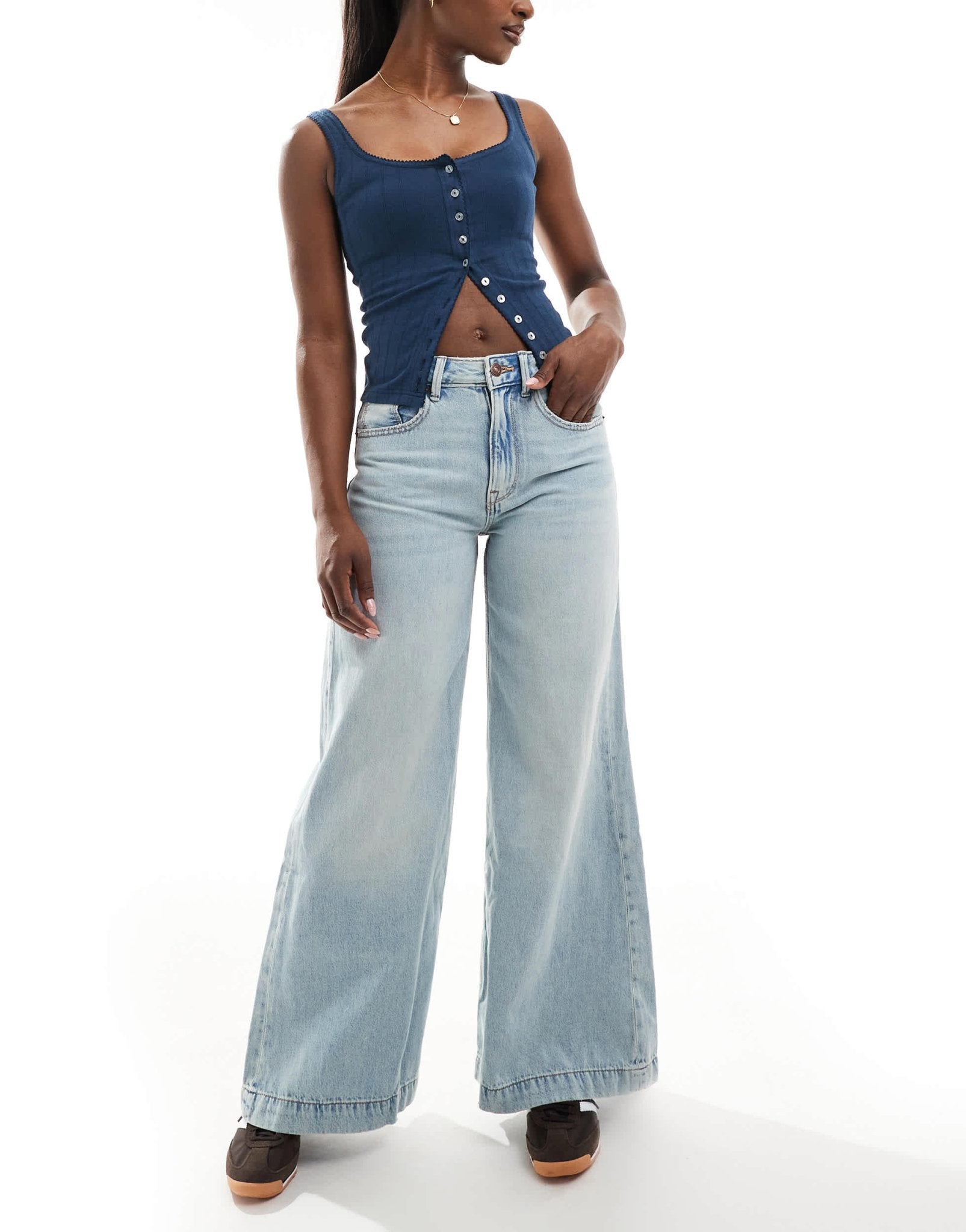 Stradivarius wide flare jean in light wash blue - ASOS Sample Sale