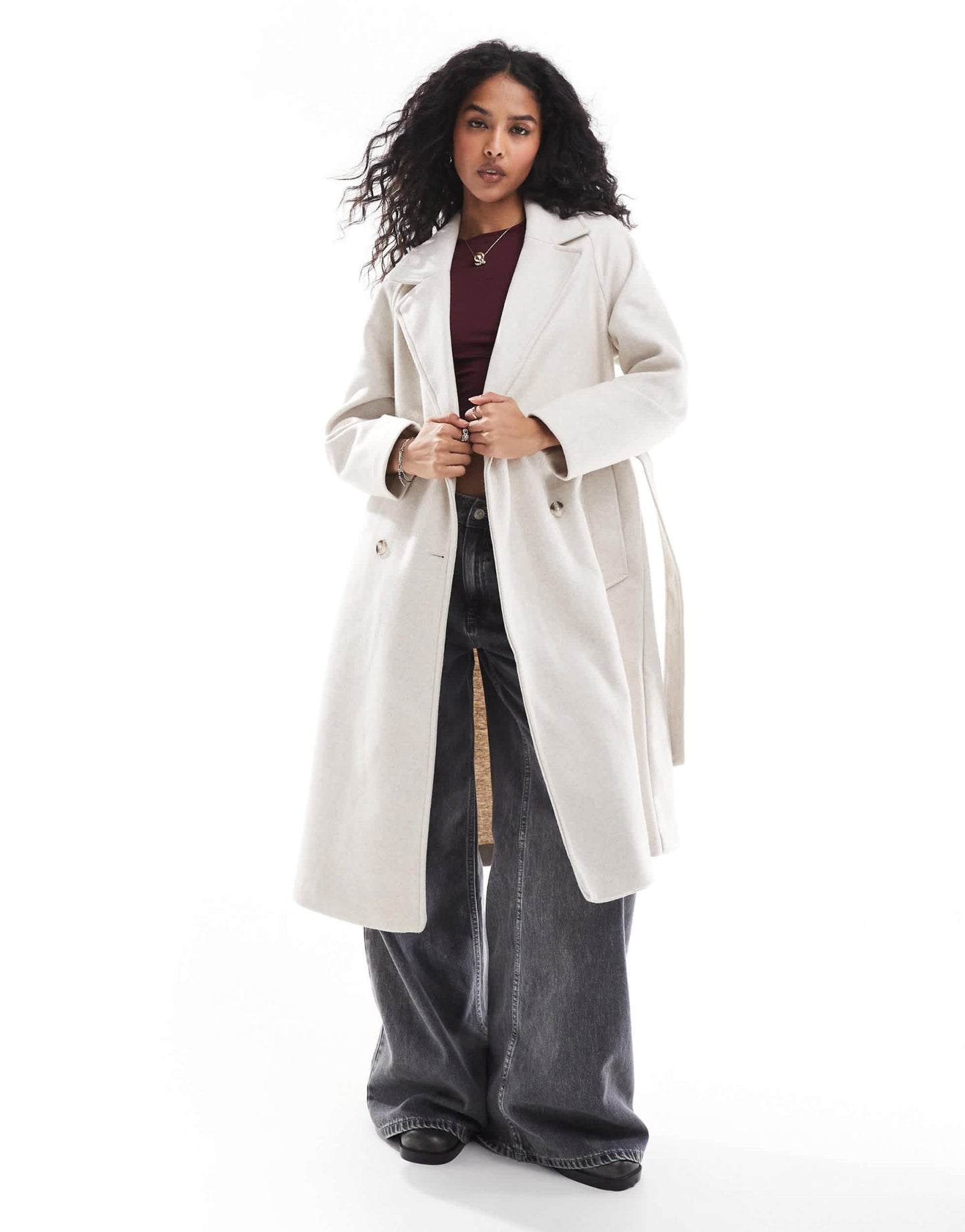 Stradivarius wool look jacket with tie detail in ecru - ASOS Sample Sale