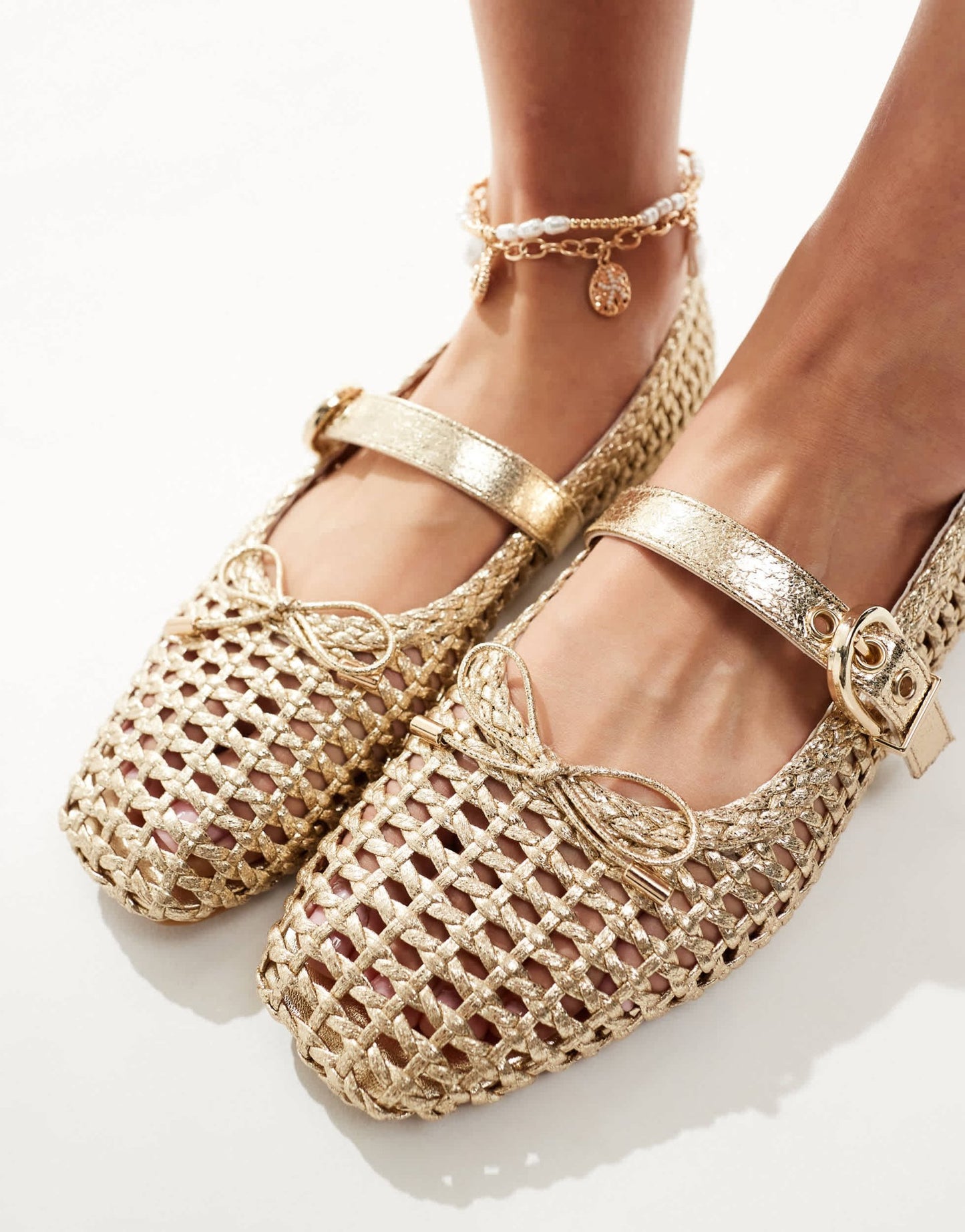 Stradivarius woven ballet flat in gold - ASOS Sample Sale