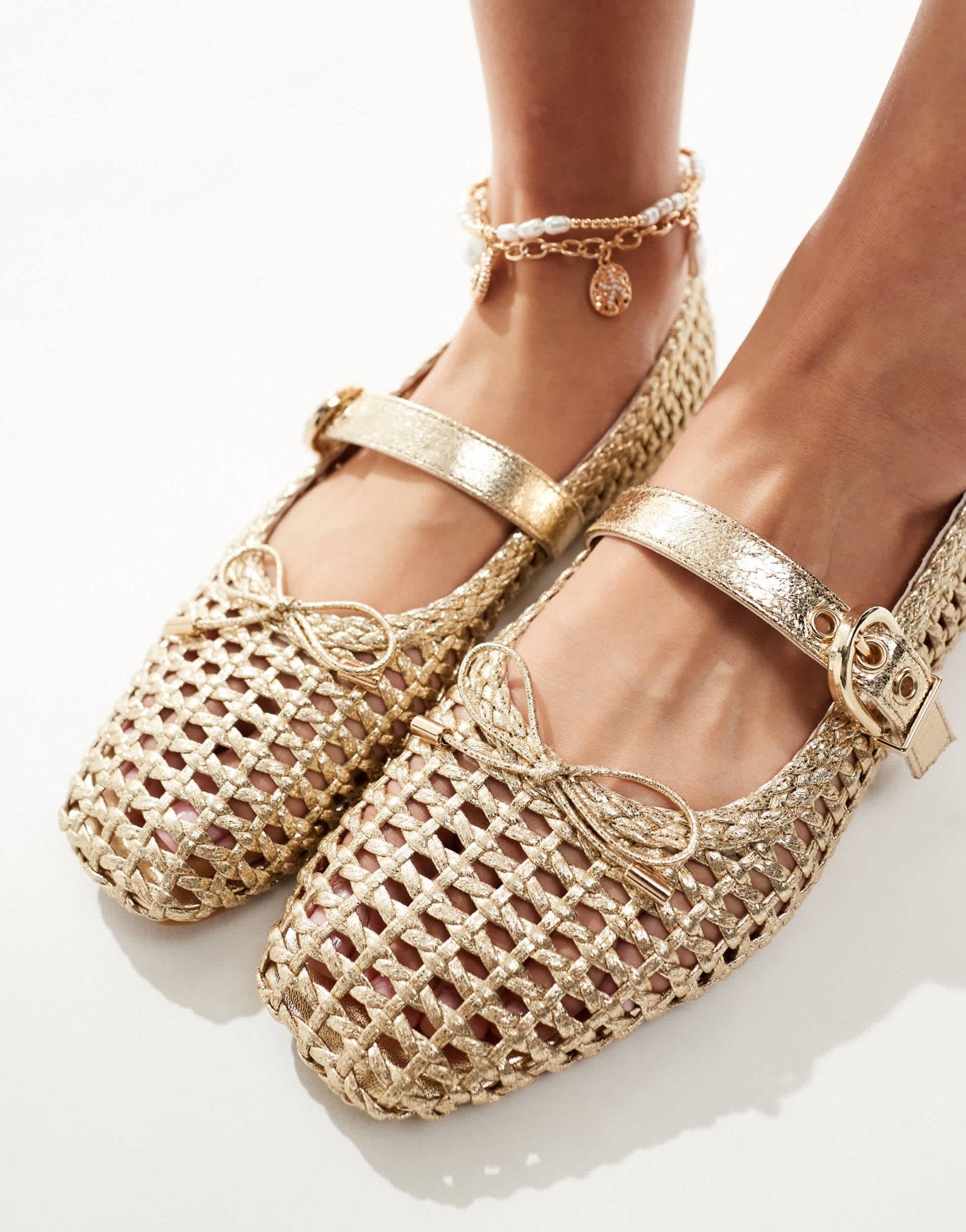 Stradivarius woven ballet flat in gold - ASOS Sample Sale