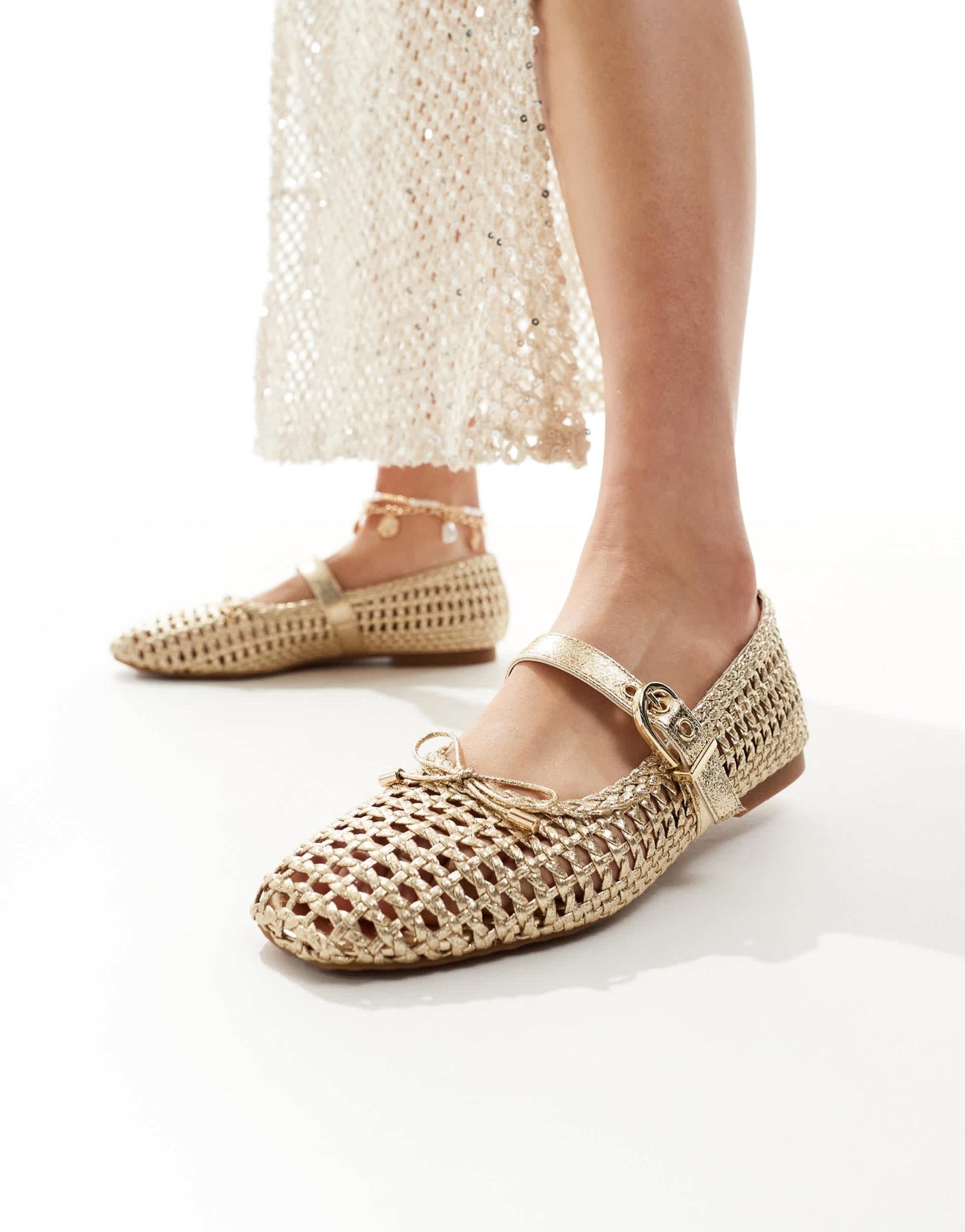 Stradivarius woven ballet flat in gold - ASOS Sample Sale