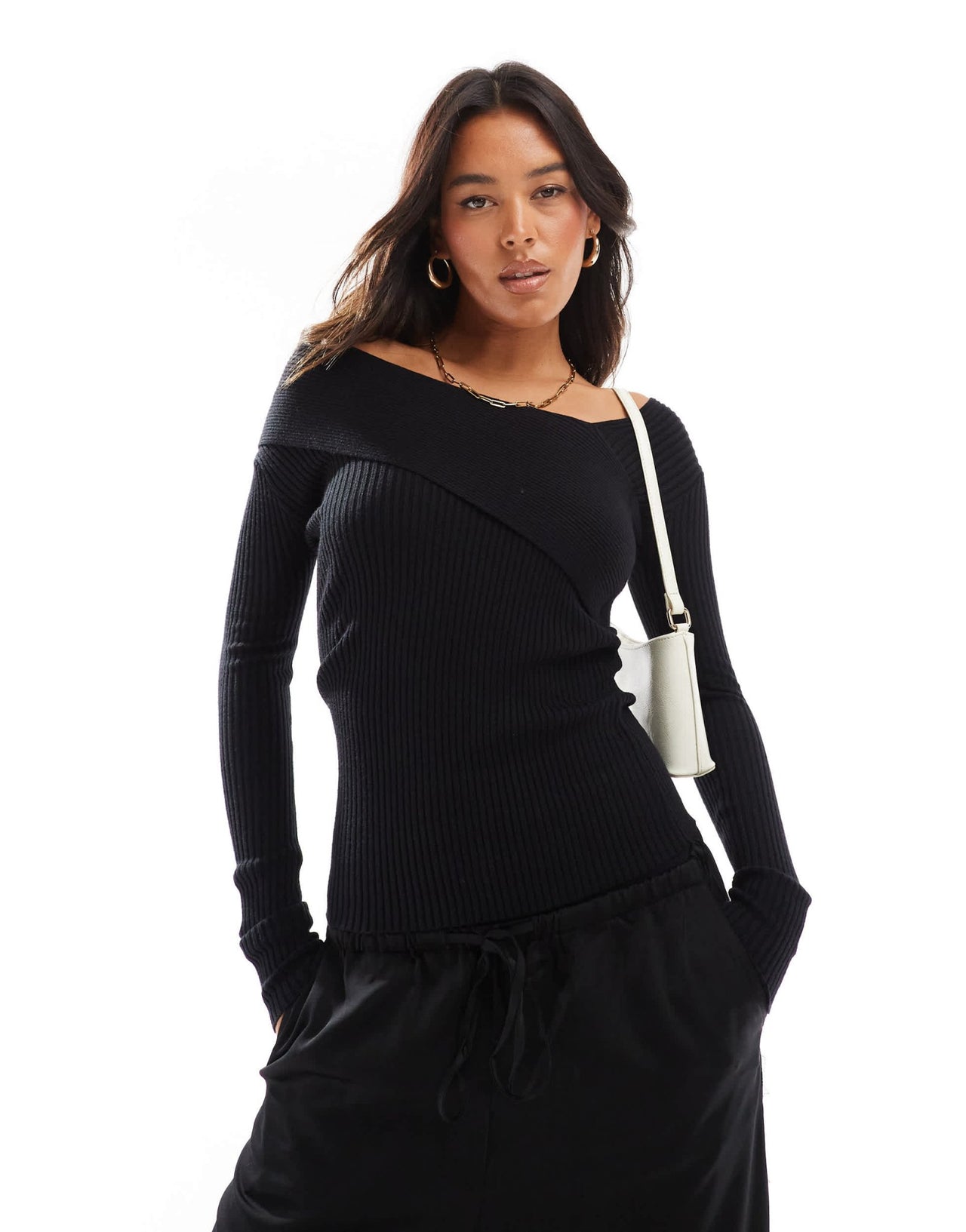 Style Cheat asymmetric rib knit bardot top in black - ASOS Sample Sale