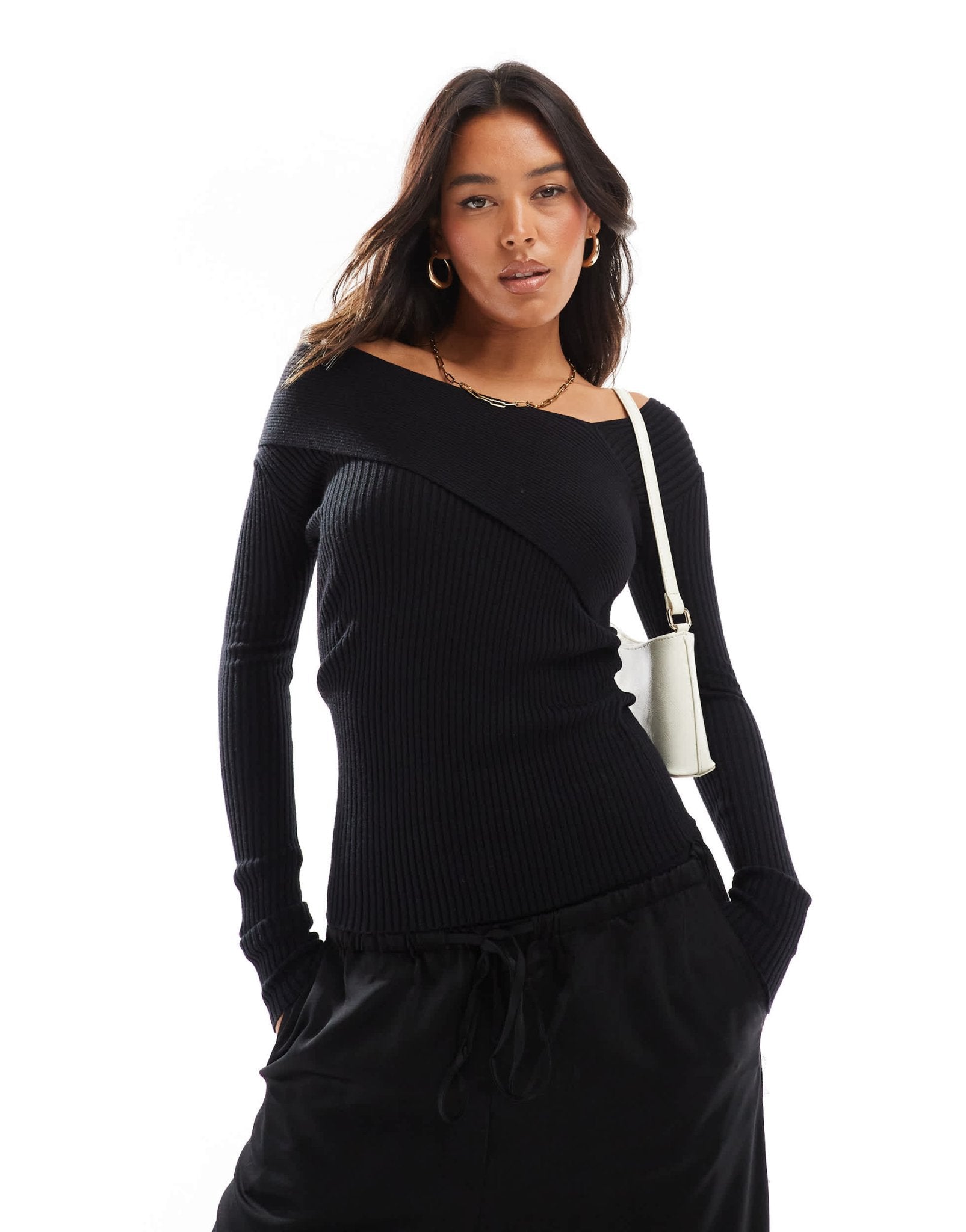 Style Cheat asymmetric rib knit bardot top in black - ASOS Sample Sale