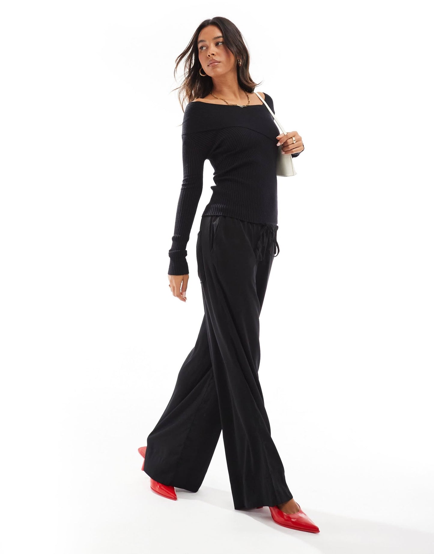 Style Cheat asymmetric rib knit bardot top in black - ASOS Sample Sale