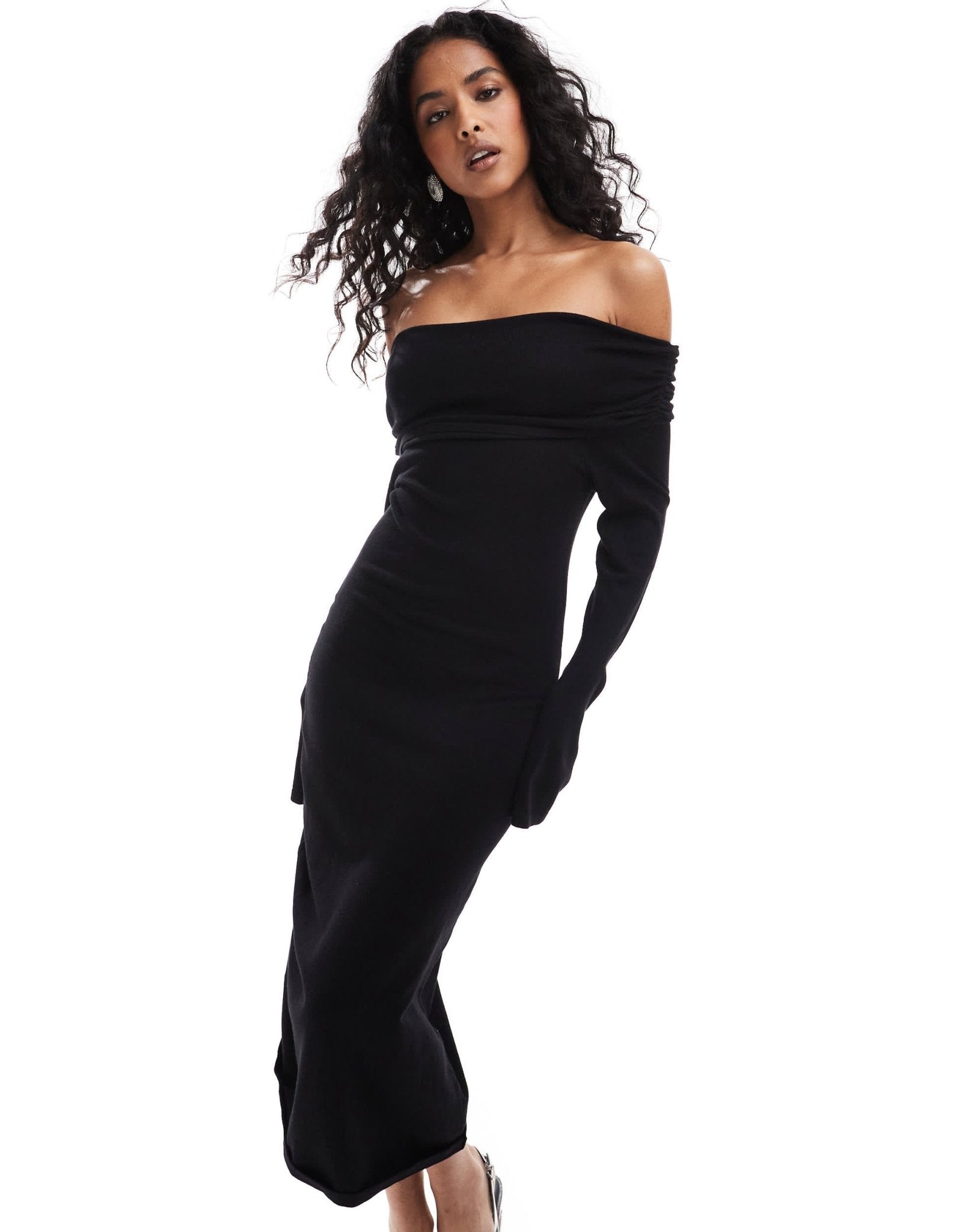Style Cheat bardot ruched knit dress in black - ASOS Sample Sale