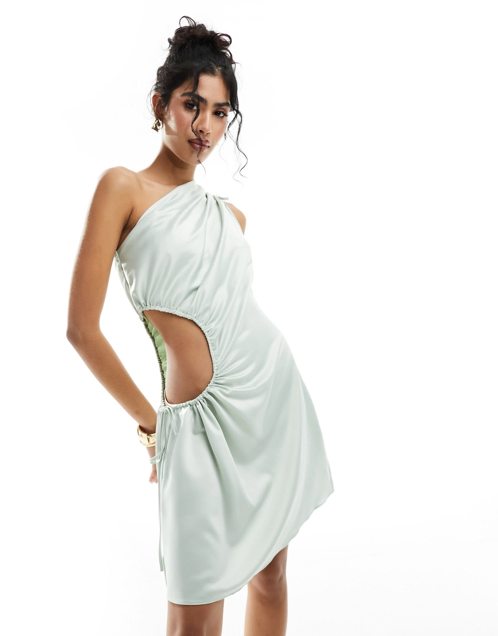 Style Cheat one shoulder mini dress with cut out in sage - ASOS Sample Sale