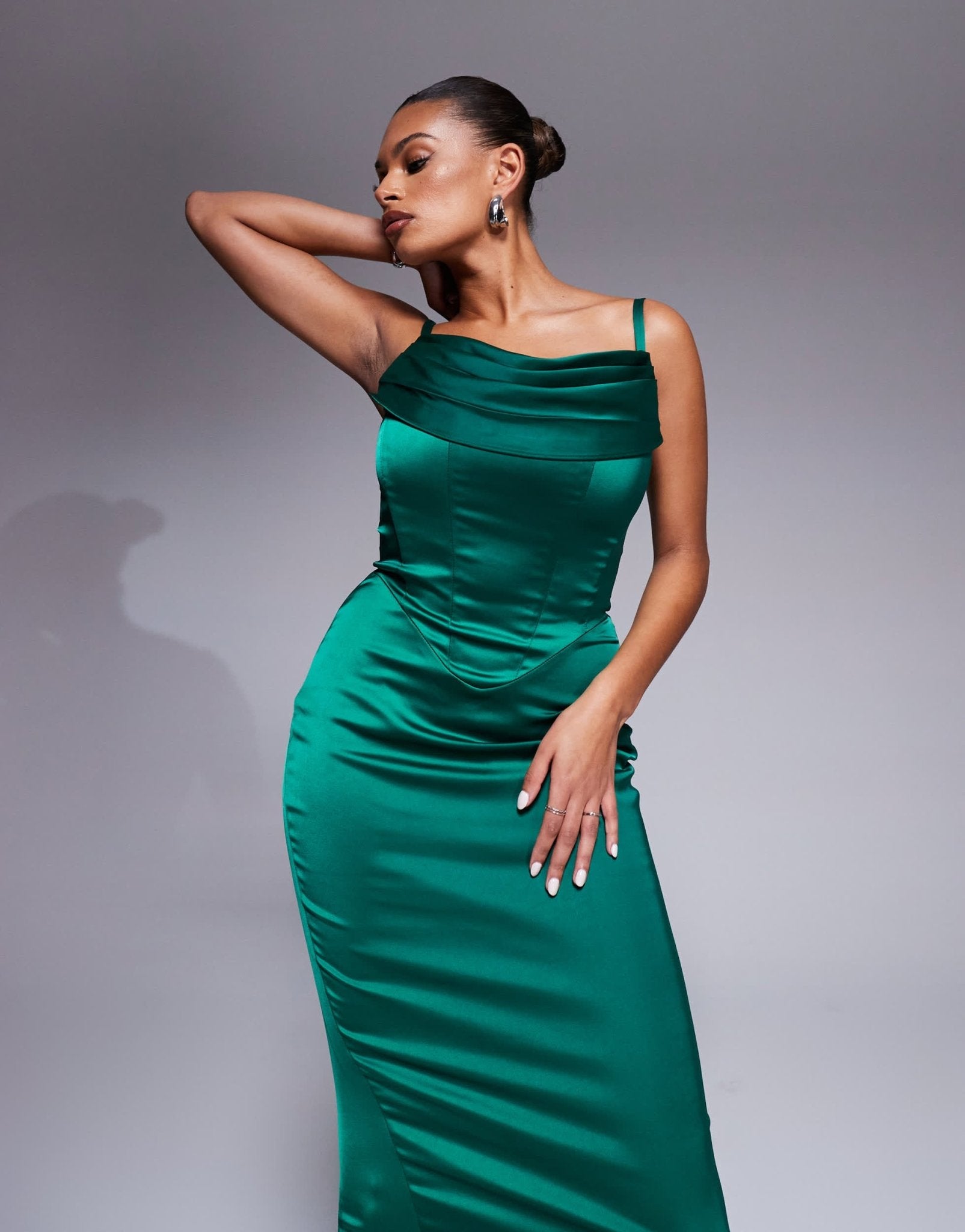 Taideux fuller bust Carmen satin midaxi boned corset dress in emerald green - ASOS Sample Sale