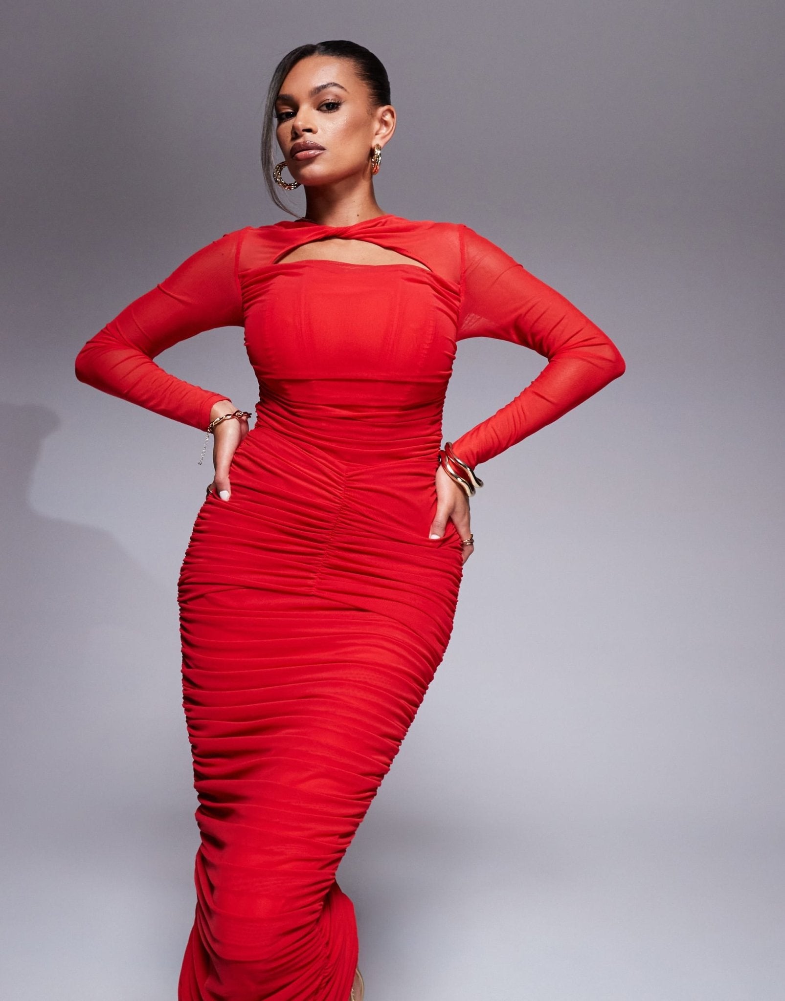 Taideux fuller bust Genevieve ruched mesh corset midaxi dress in red - ASOS Sample Sale