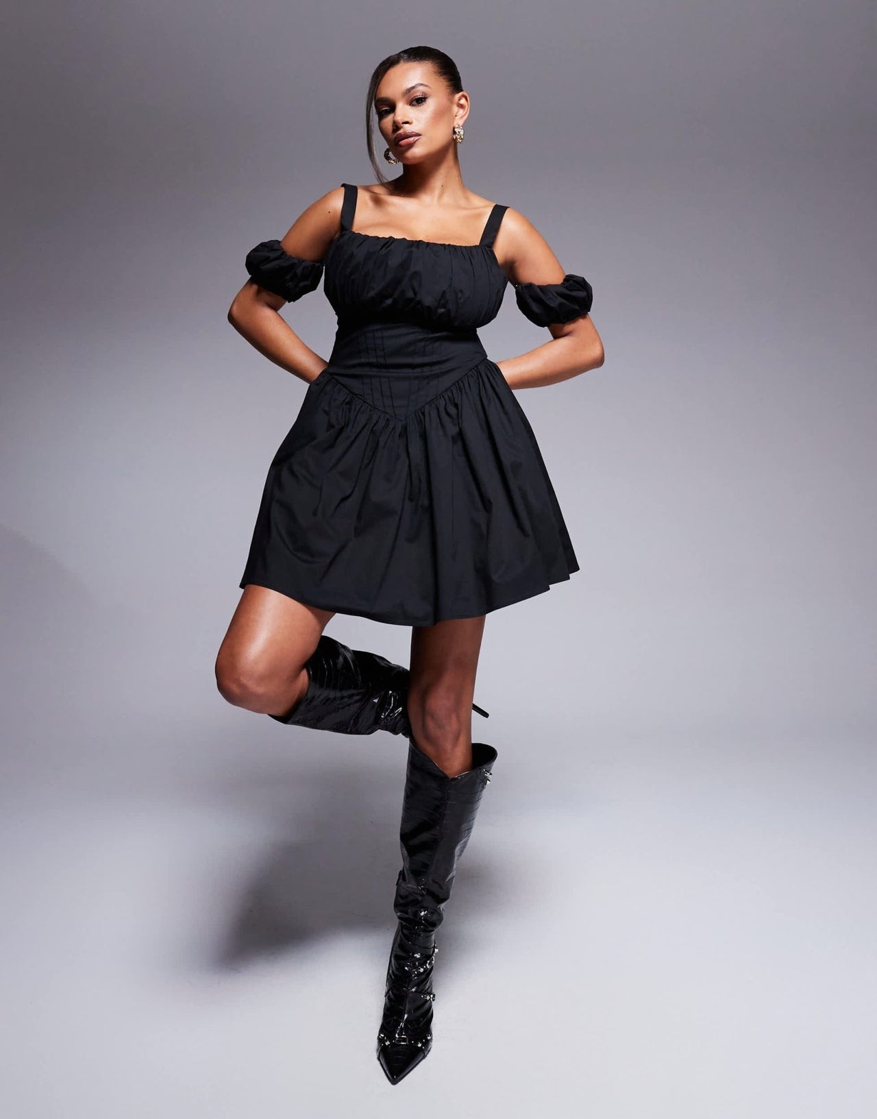 Taideux fuller bust Harper stretch cotton mini dress with cold shoulder detail in black - ASOS Sample Sale