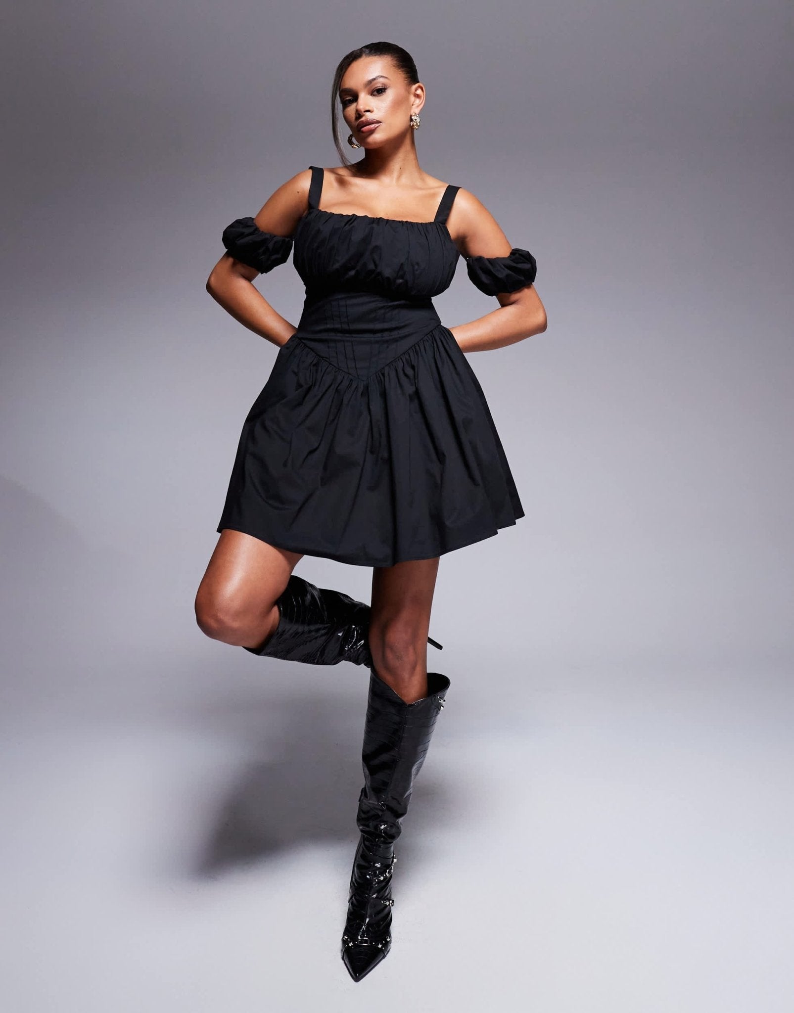 Taideux fuller bust Harper stretch cotton mini dress with cold shoulder detail in black - ASOS Sample Sale