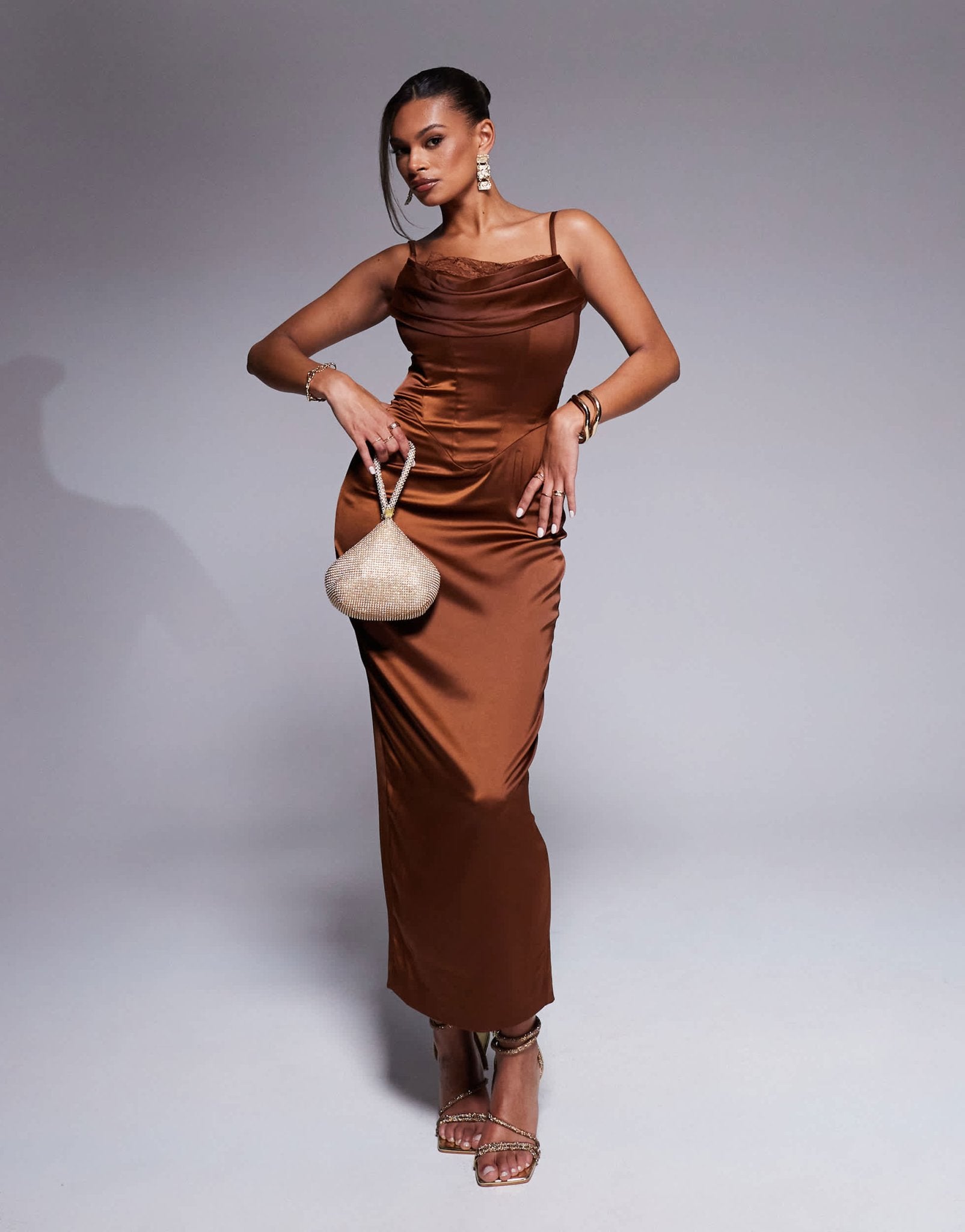 Taideux fuller bust Naomi satin midaxi boned corset dress with lace trim in toffee brown - ASOS Sample Sale