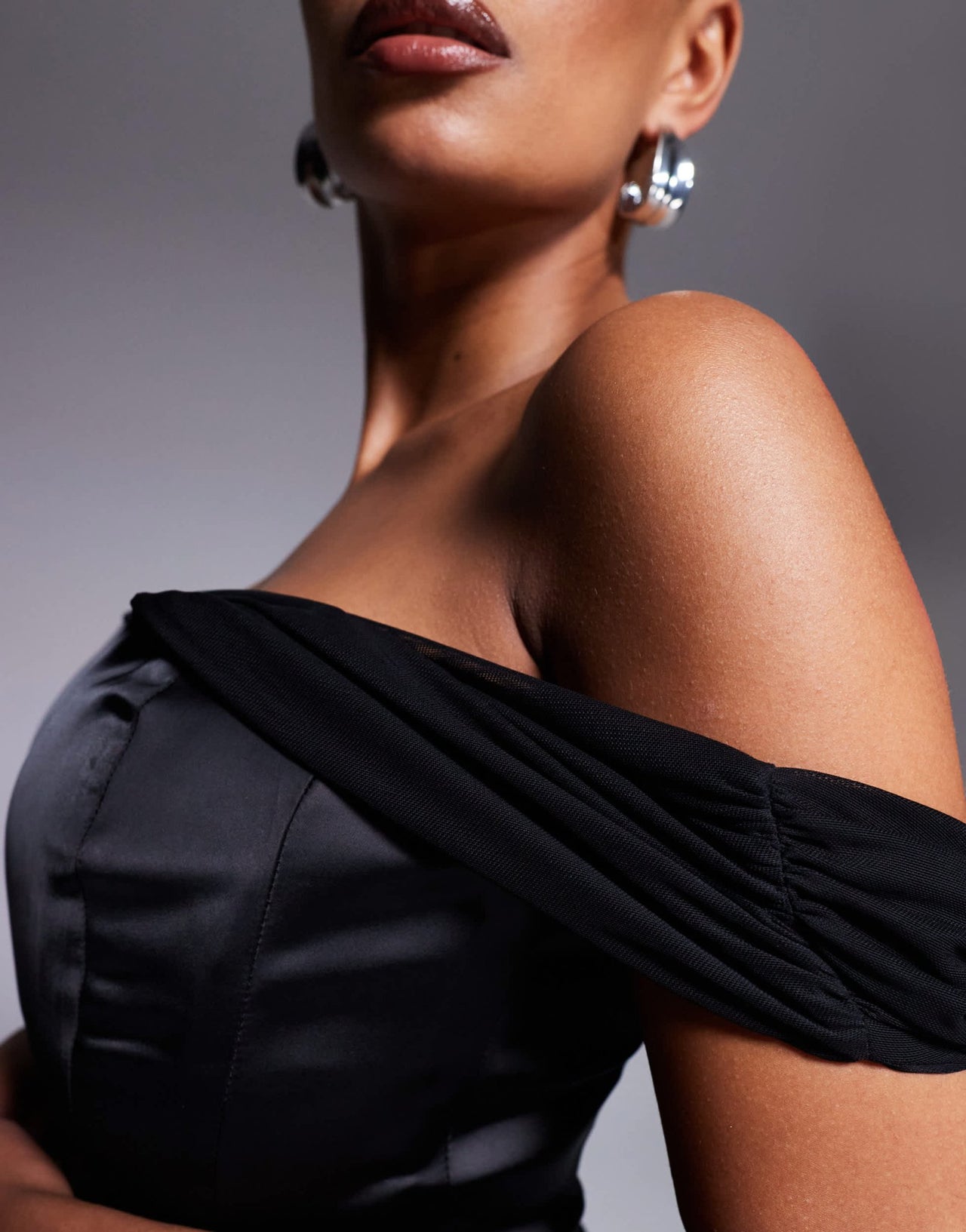 Taideux fuller bust Savannah satin and mesh mini corset dress with off shoulder detail in black - ASOS Sample Sale