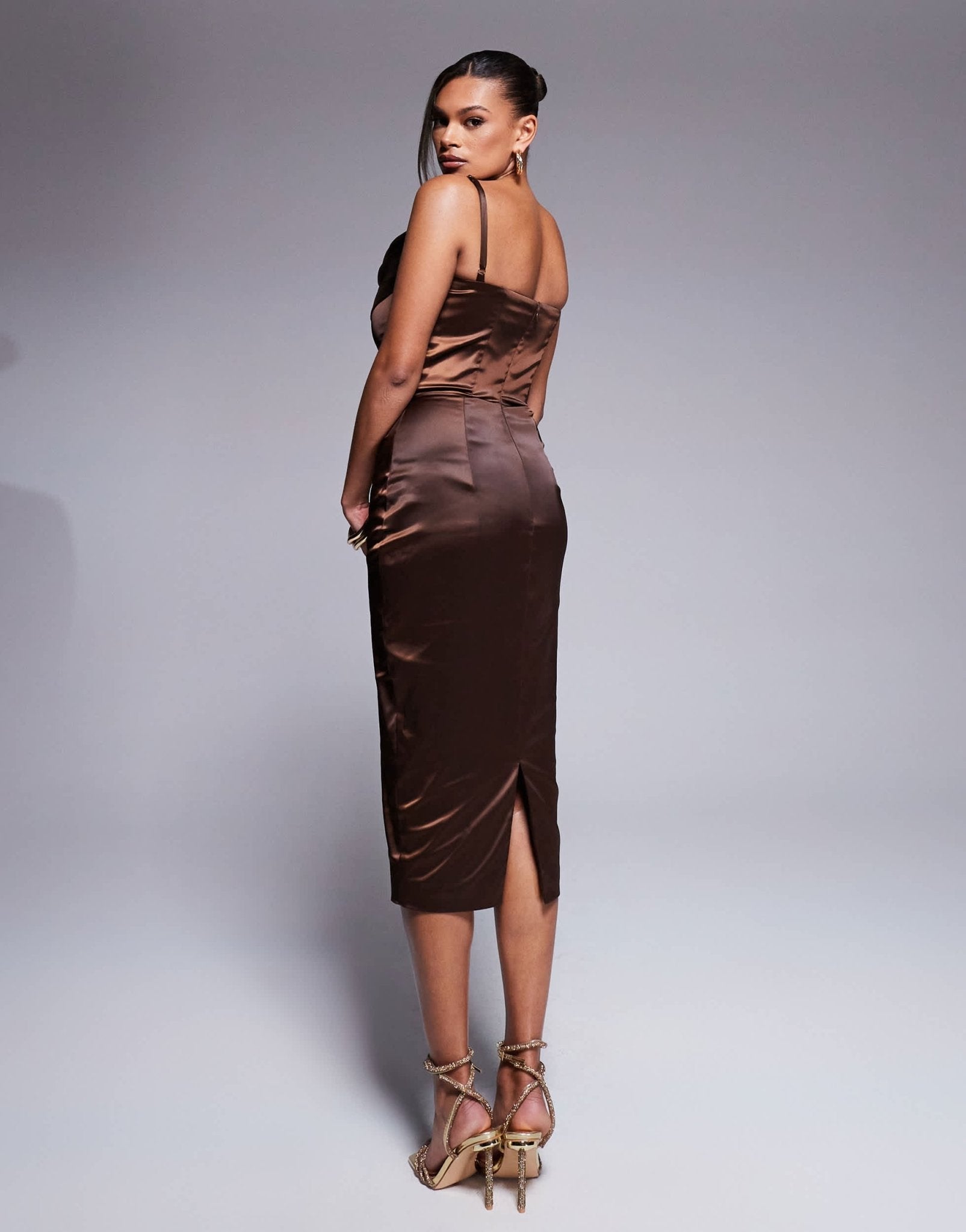Taideux fuller bust Yolanda satin midi boned corset dress with lace trim in deep chocolate - ASOS Sample Sale
